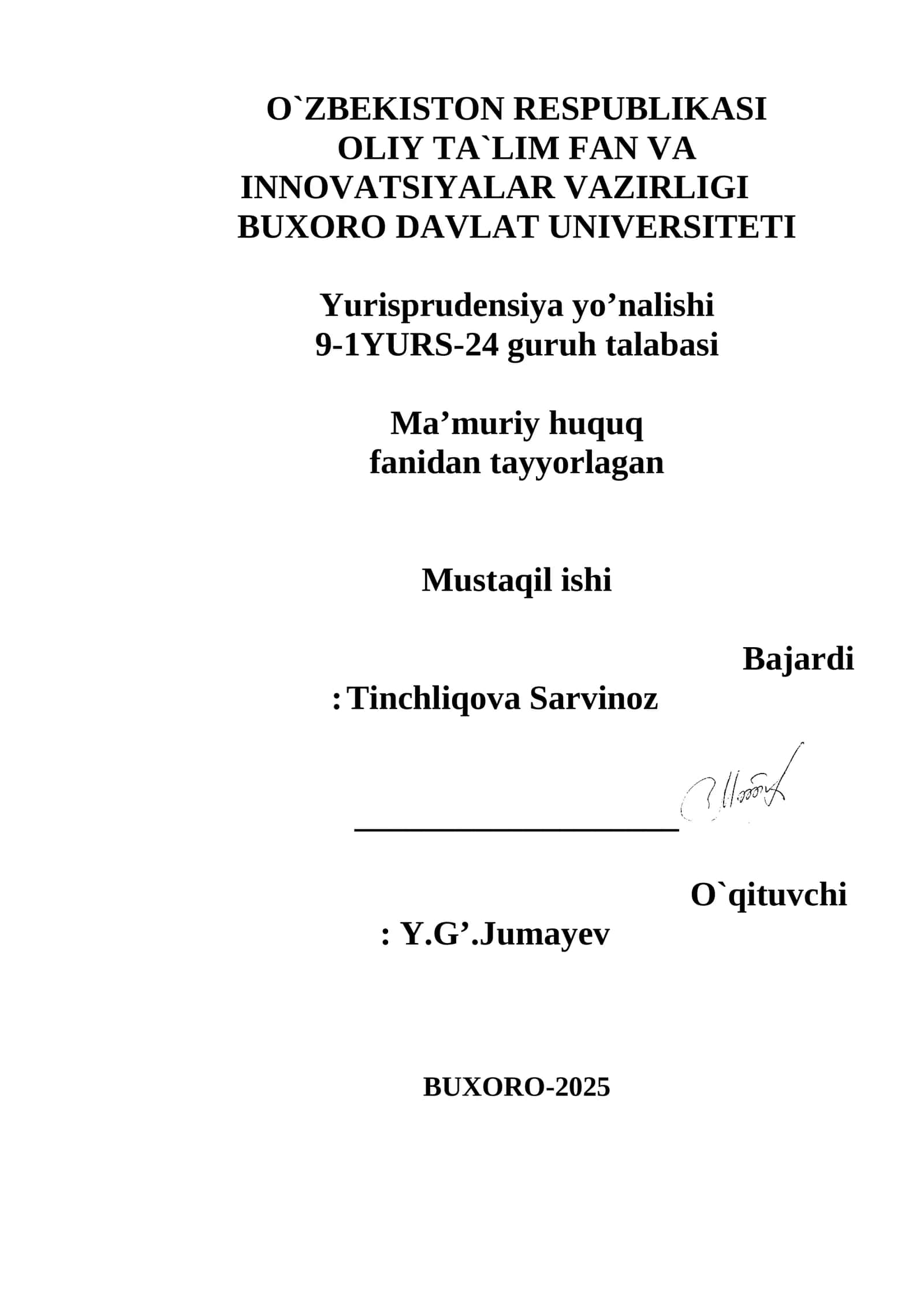 Ma’muriy huquq fanidan tayyorlagan Mustaqil ishi 1