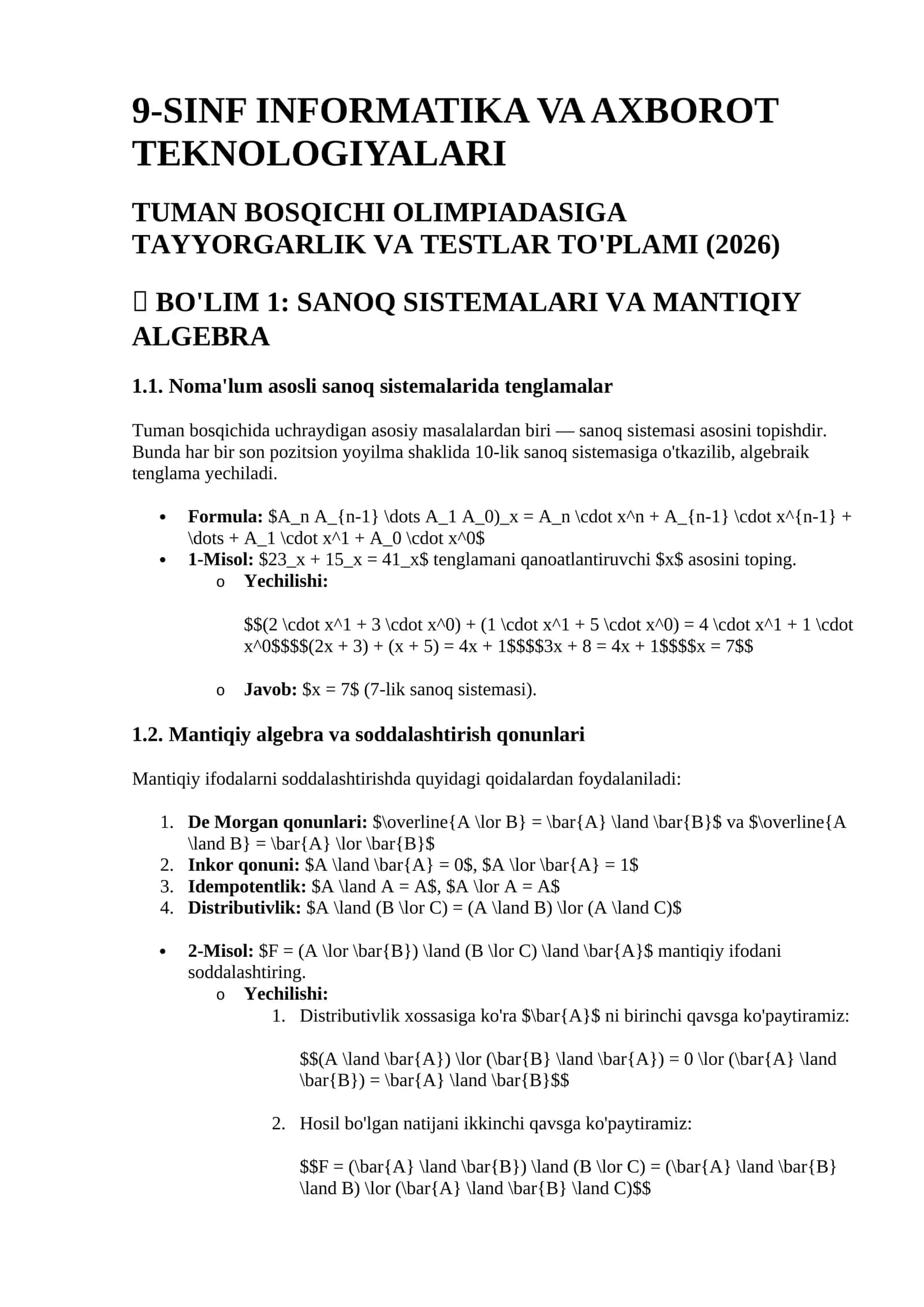Informatika Olimpidaga tayyorgarlik 9-sinf tuman bosqichi 1