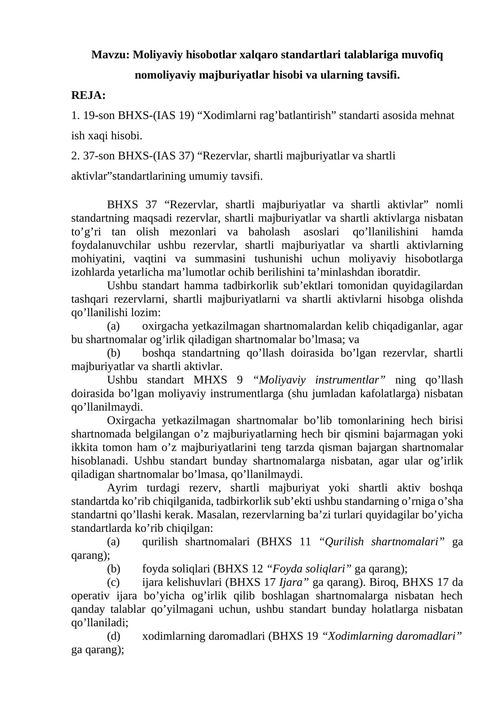 Moliyaviy hisobotlar xalqaro standartlari talablariga muvofiq nomoliyaviy majburiyatlar hisobi va ularning tavsifi 1