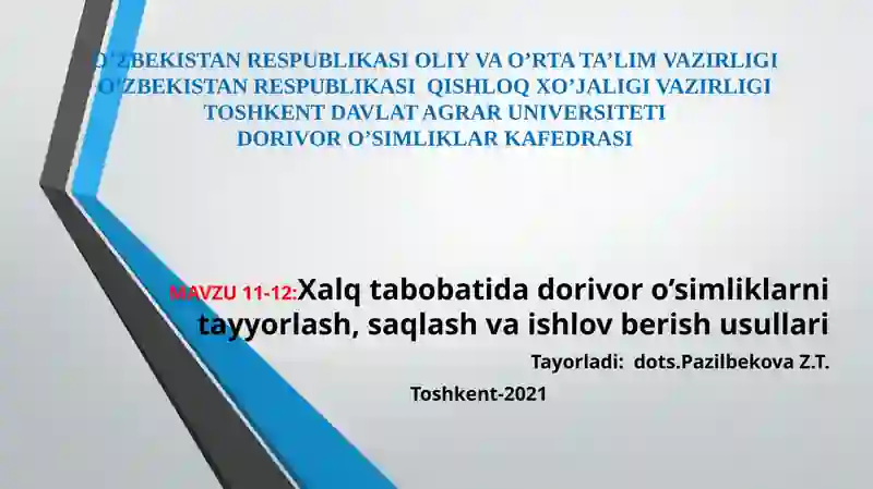 Xalq tabobatida dorivor o’simliklarni tayyorlash, saqlash va ishlov berish usullari