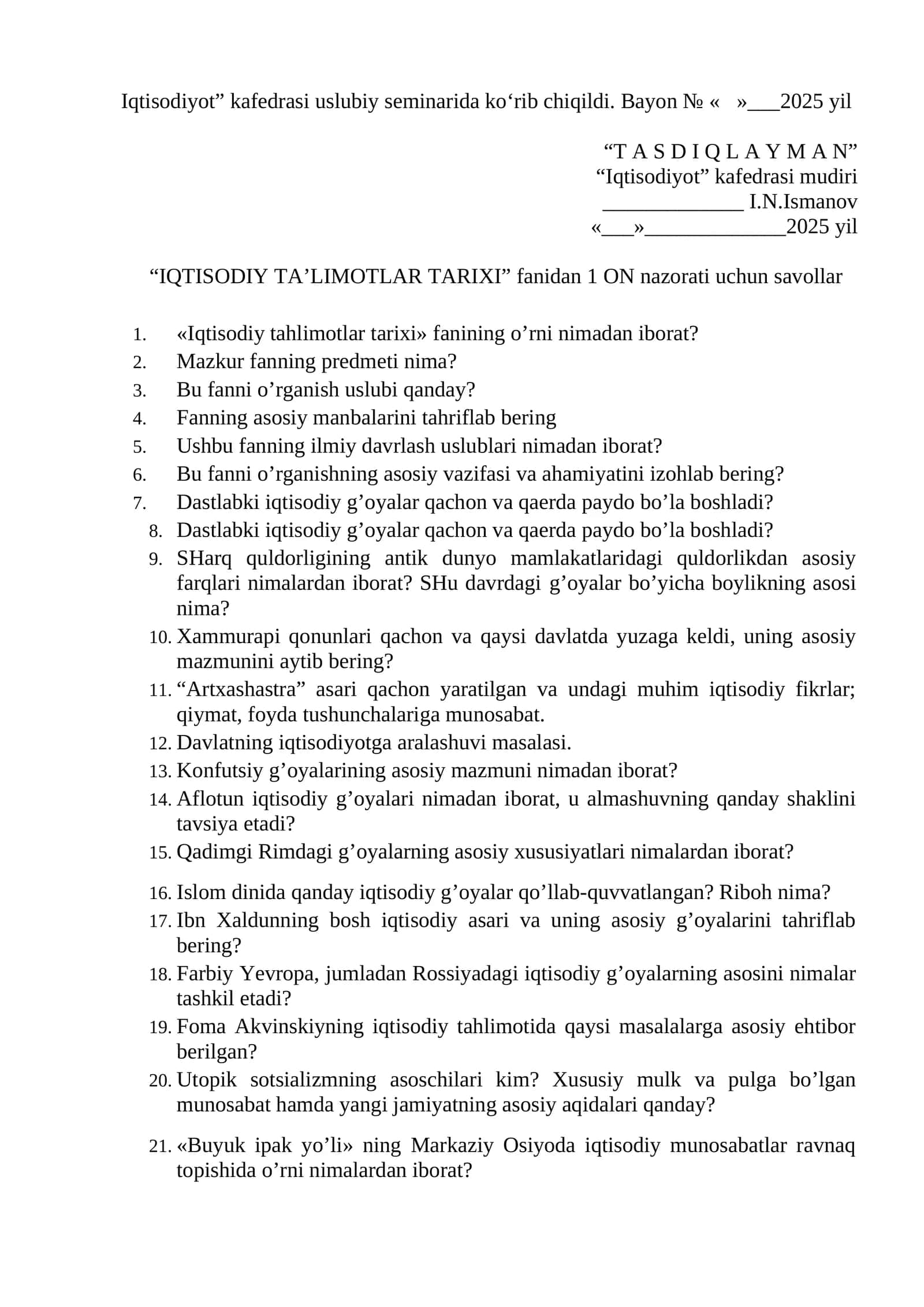 “IQTISODIY TA’LIMOTLAR TARIXI” fanidan 1 ON nazorati uchun savollar 1