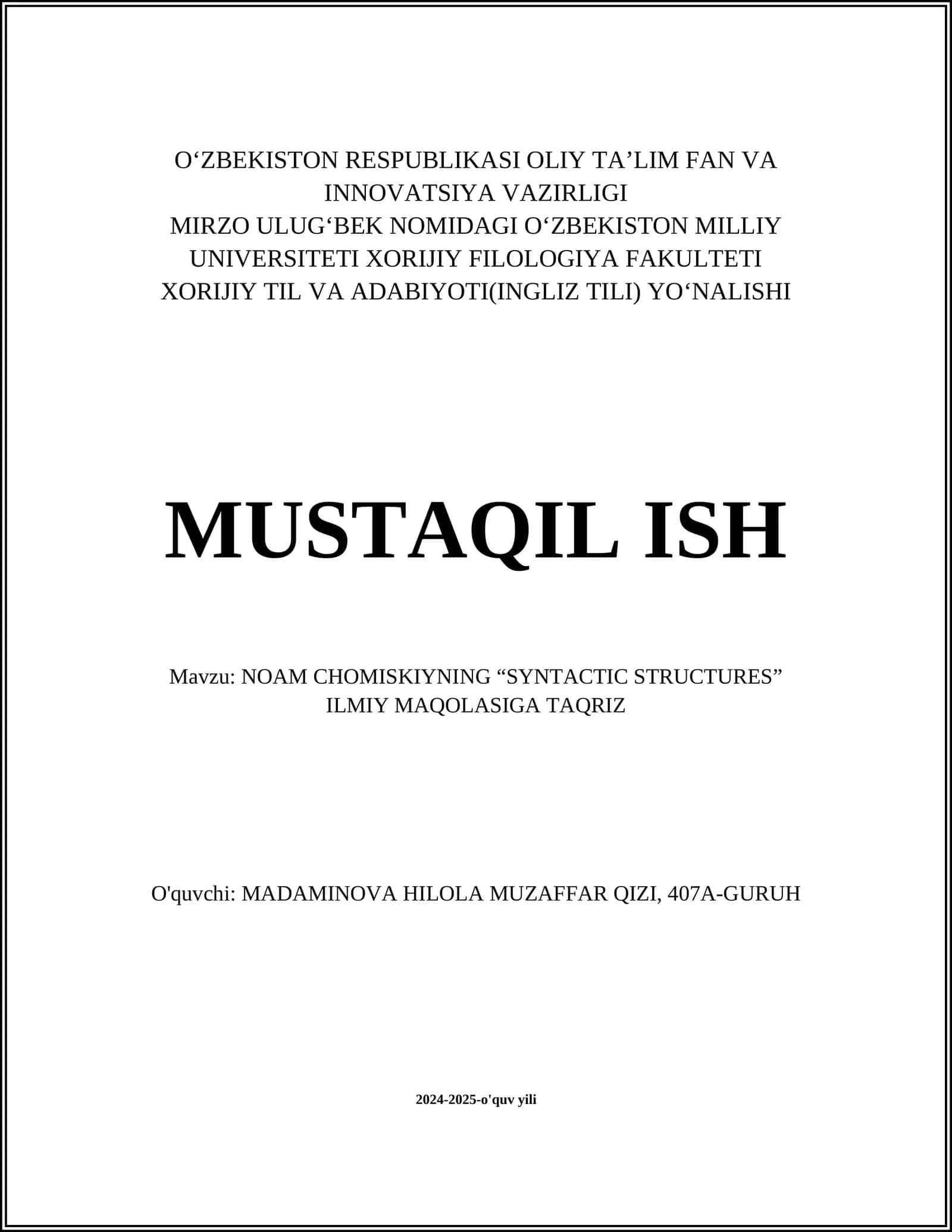 NOAM CHOMISKIYNING “SYNTACTIC STRUCTURES” ILMIY MAQOLASIGA TAQRIZ 1