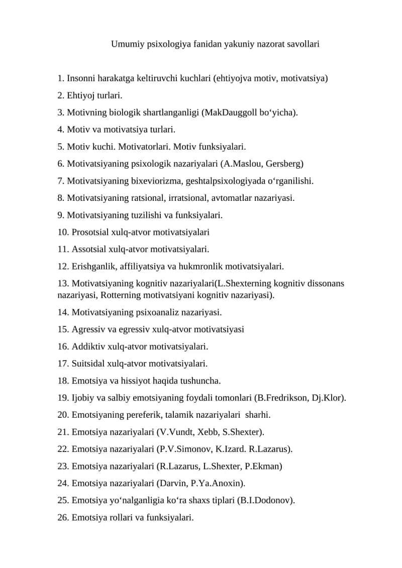 Umumiy psixologiya fanidan yakuniy nazorat savollari 1