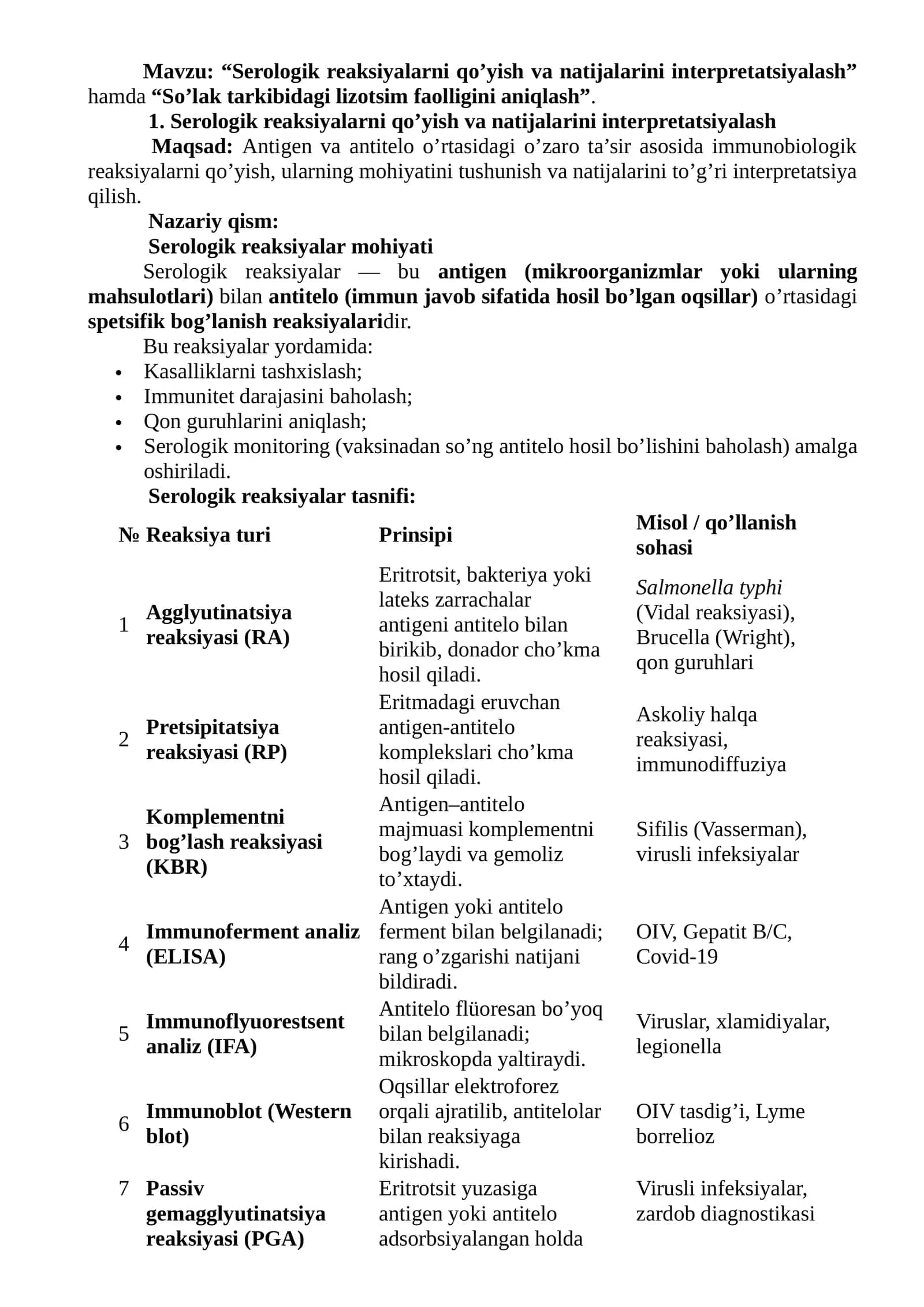 Serologik reaksiyalarni qo’yish va natijalarini interpretatsiyalash 1