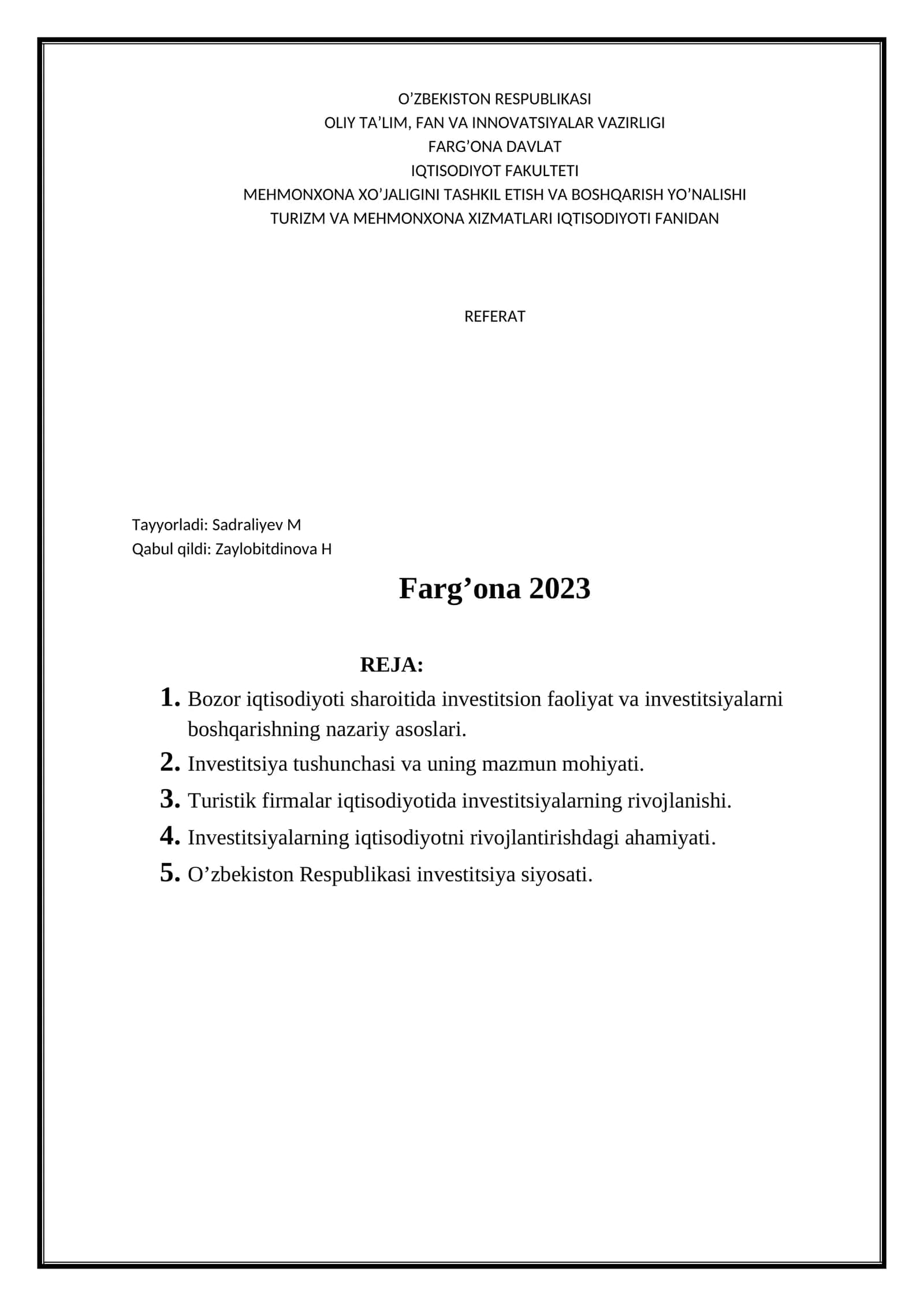 TURIZM VA MEHMONXONA XIZMATLARI IQTISODIYOTI FANIDAN REFERAT 1