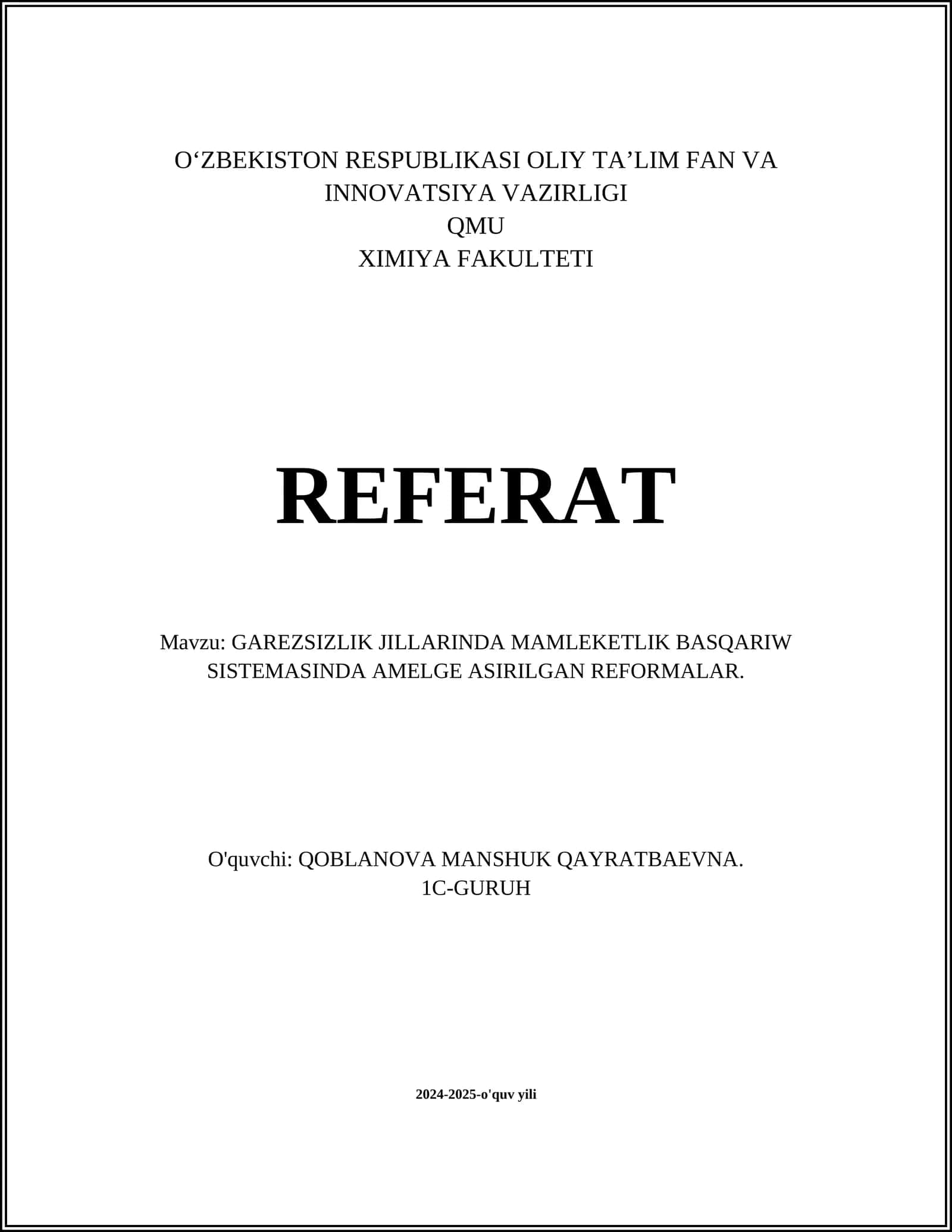 GAREZSIZLIK JILLARINDA MAMLEKETLIK BASQARIW SISTEMASINDA AMELGE ASIRILGAN REFORMALAR 1