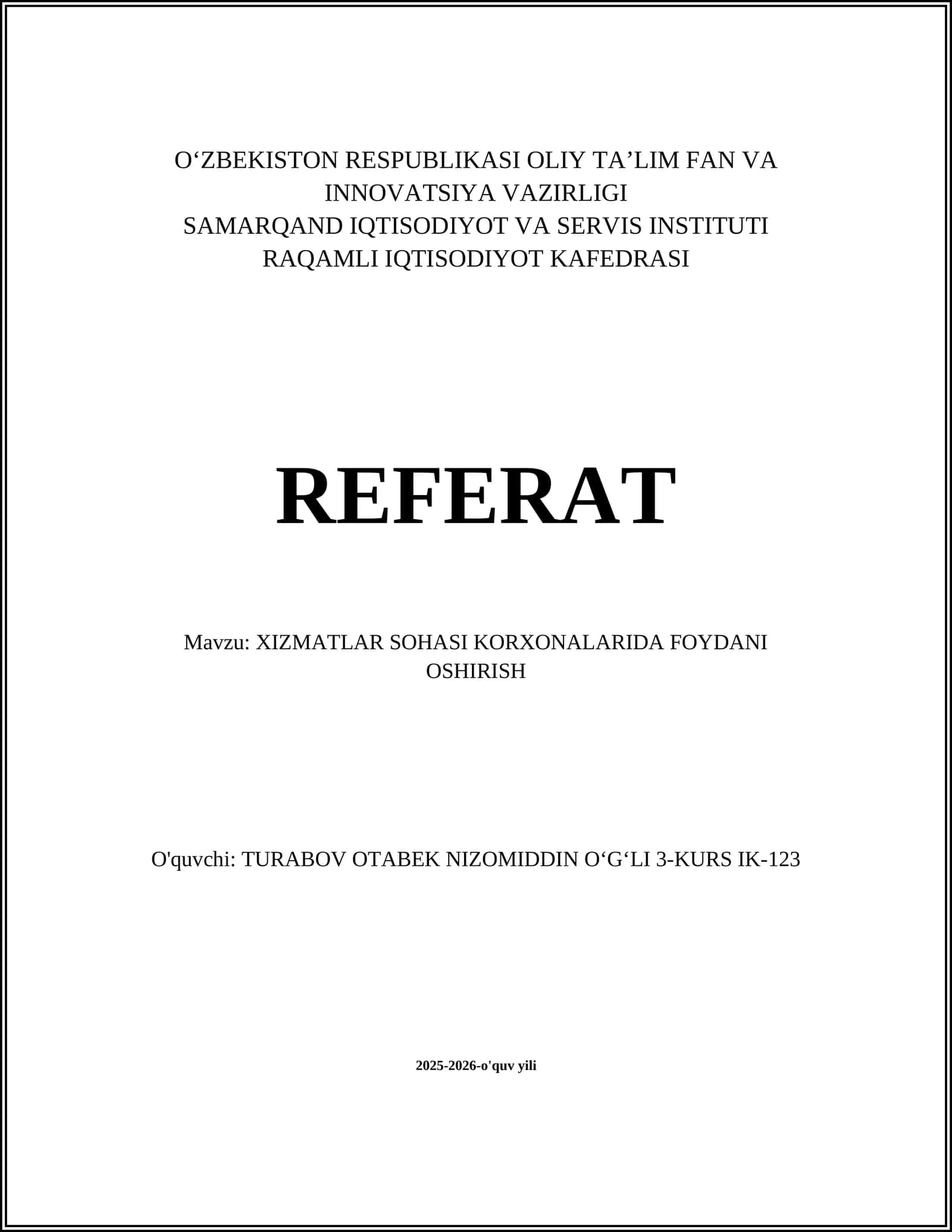 XIZMATLAR SOHASI KORXONALARIDA FOYDANI OSHIRISH 1