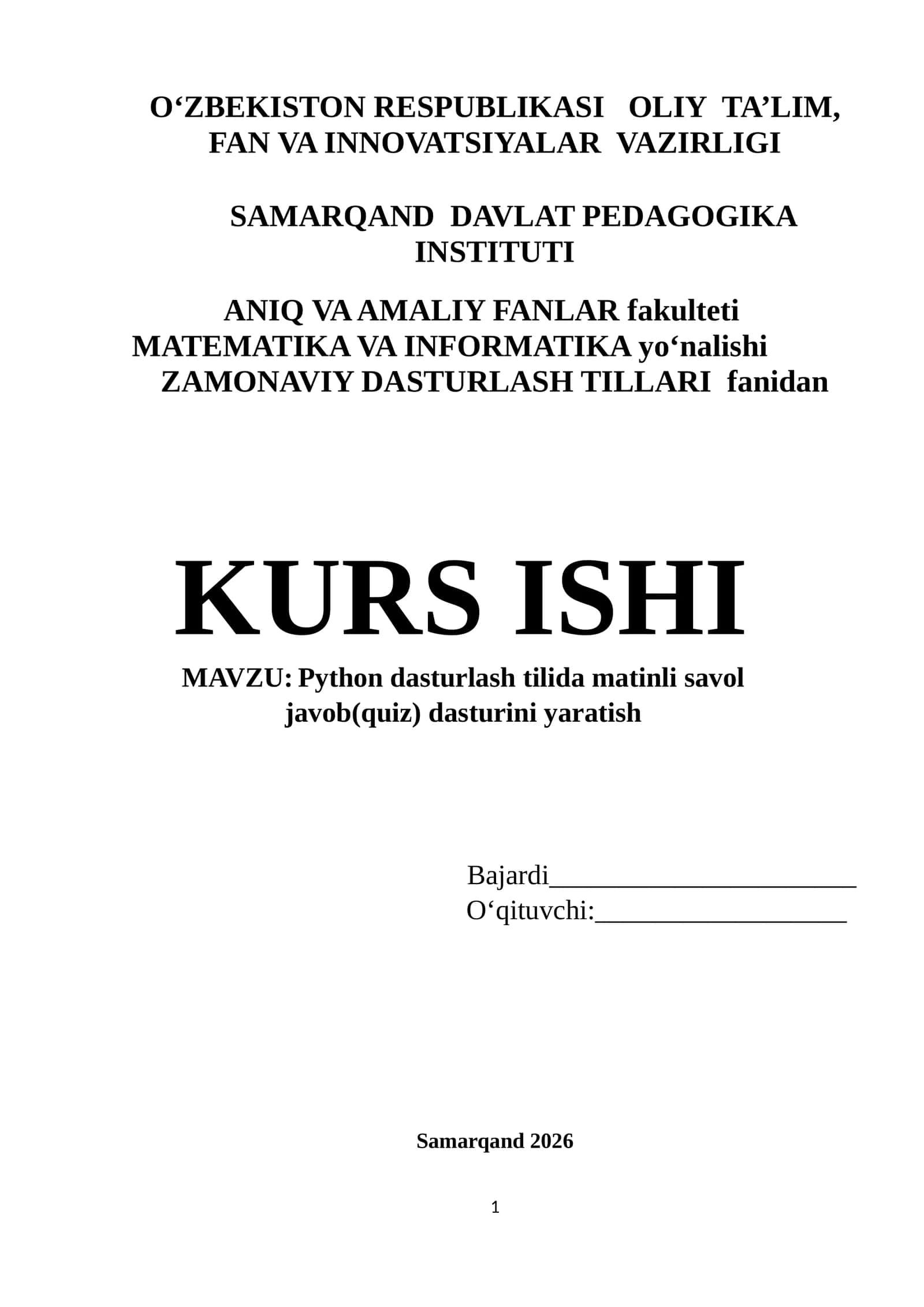 Python dasturlash tilida matinli savol javob(quiz) dasturini yaratish 1