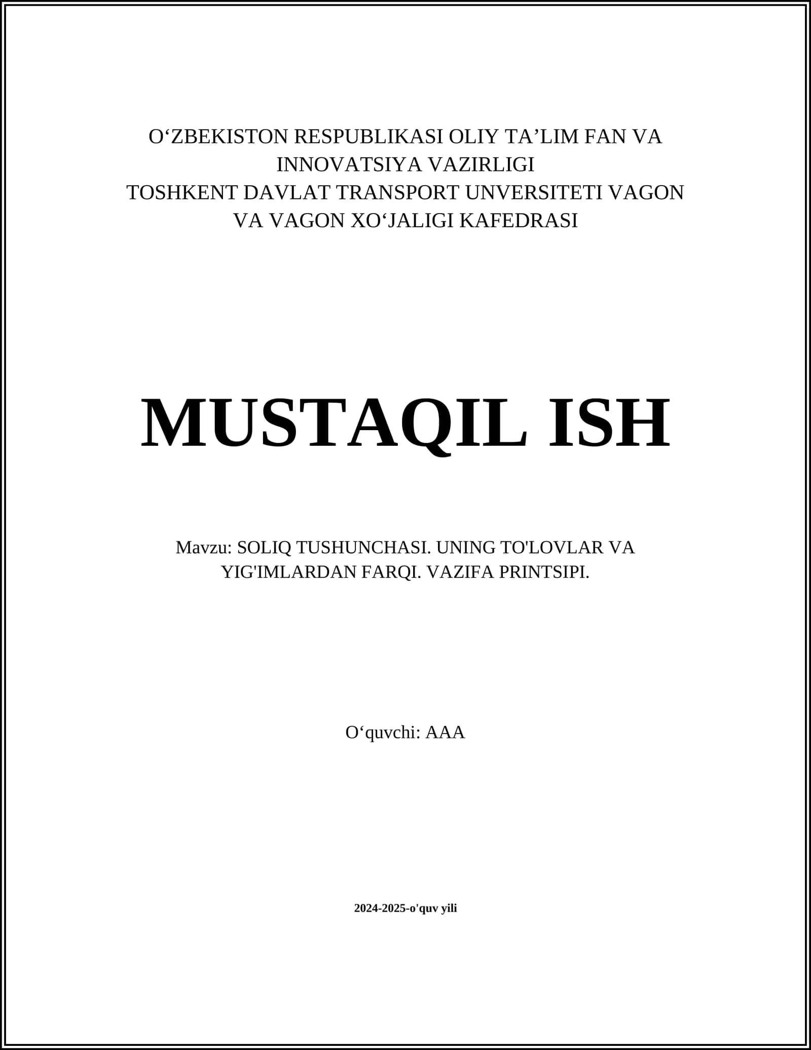 SOLIQ TUSHUNCHASI. UNING TO'LOVLAR VA YIG'IMLARDAN FARQI. VAZIFA PRINTSIPI 1