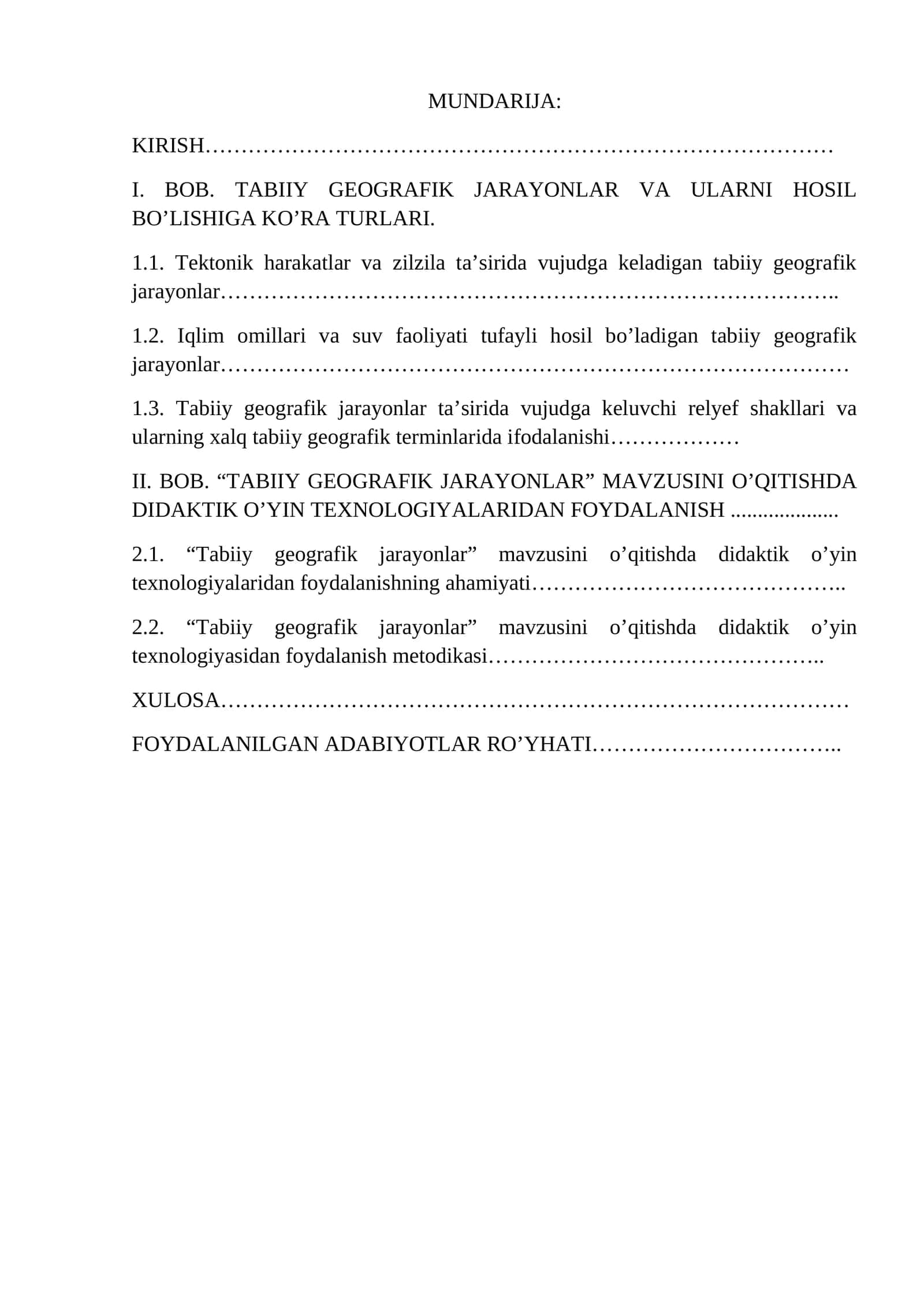 Tabiiy geografik jarayonlar kurs ishi 1
