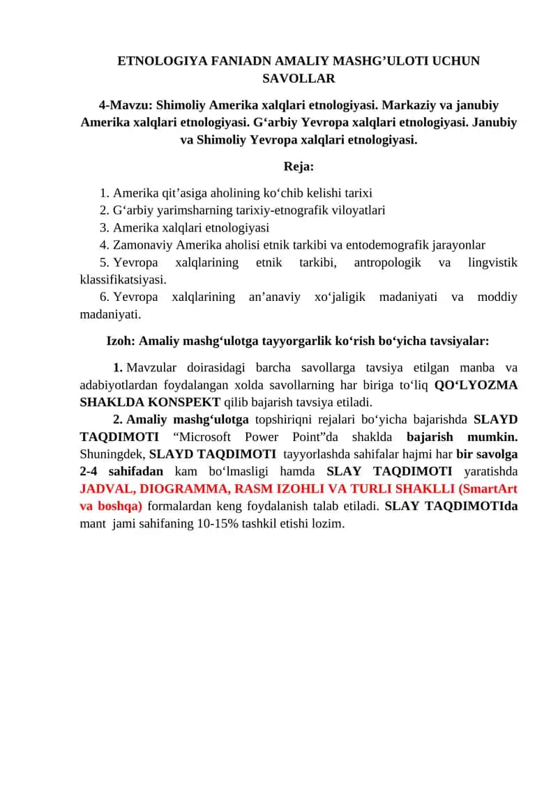 ETNOLOGIYA FANIADN AMALIY MASHG’ULOTI UCHUN SAVOLLAR 1