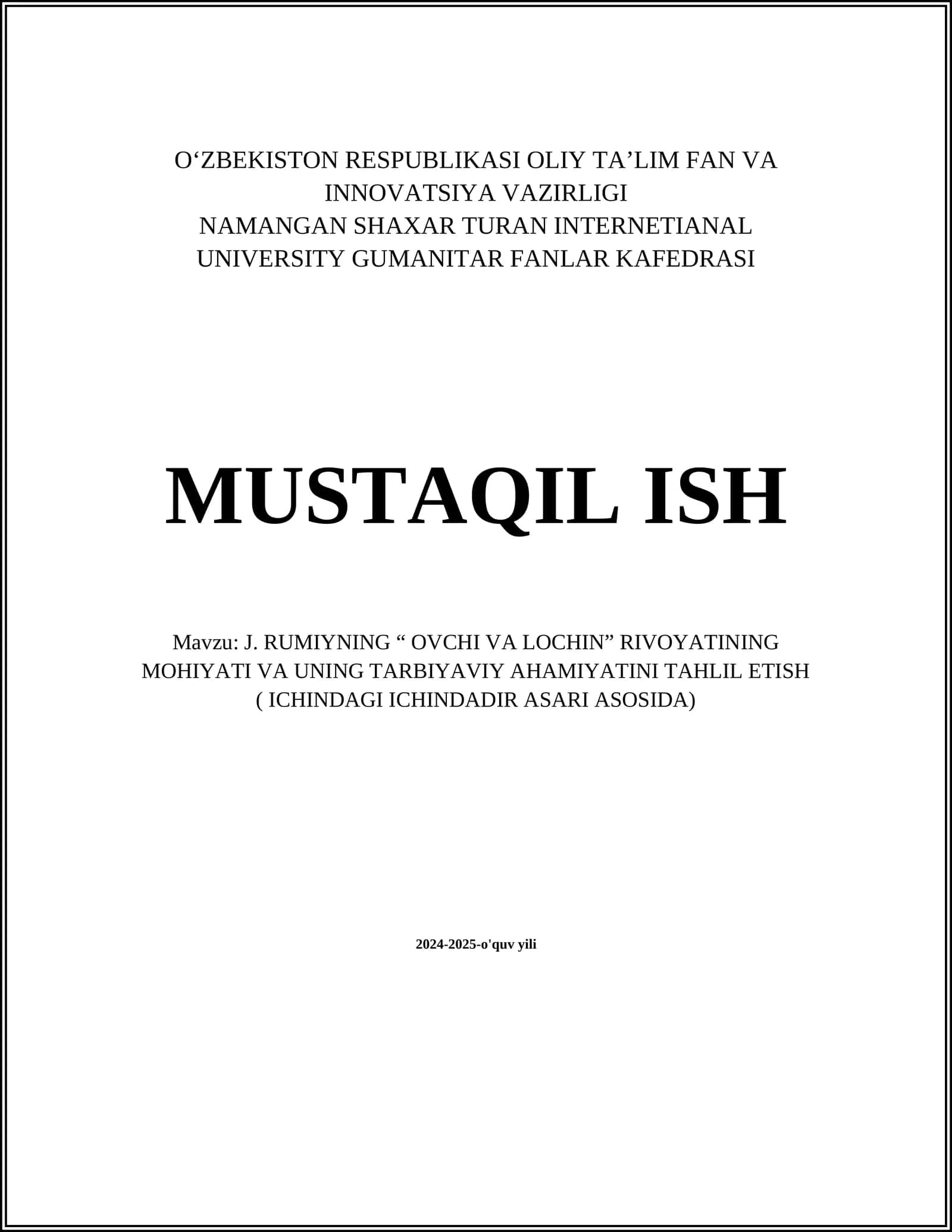 J. RUMIYNING “ OVCHI VA LOCHIN” RIVOYATINING MOHIYATI VA UNING TARBIYAVIY AHAMIYATINI TAHLIL ETISH 1