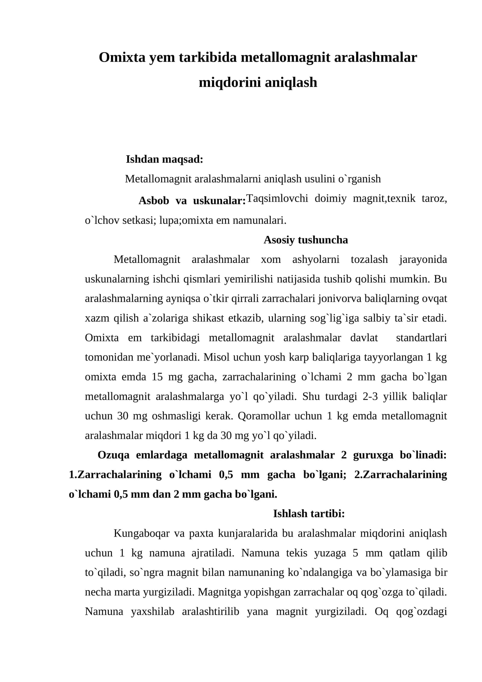 Omixta yem tarkibida metallomagnit aralashmalar miqdorini aniqlash 1
