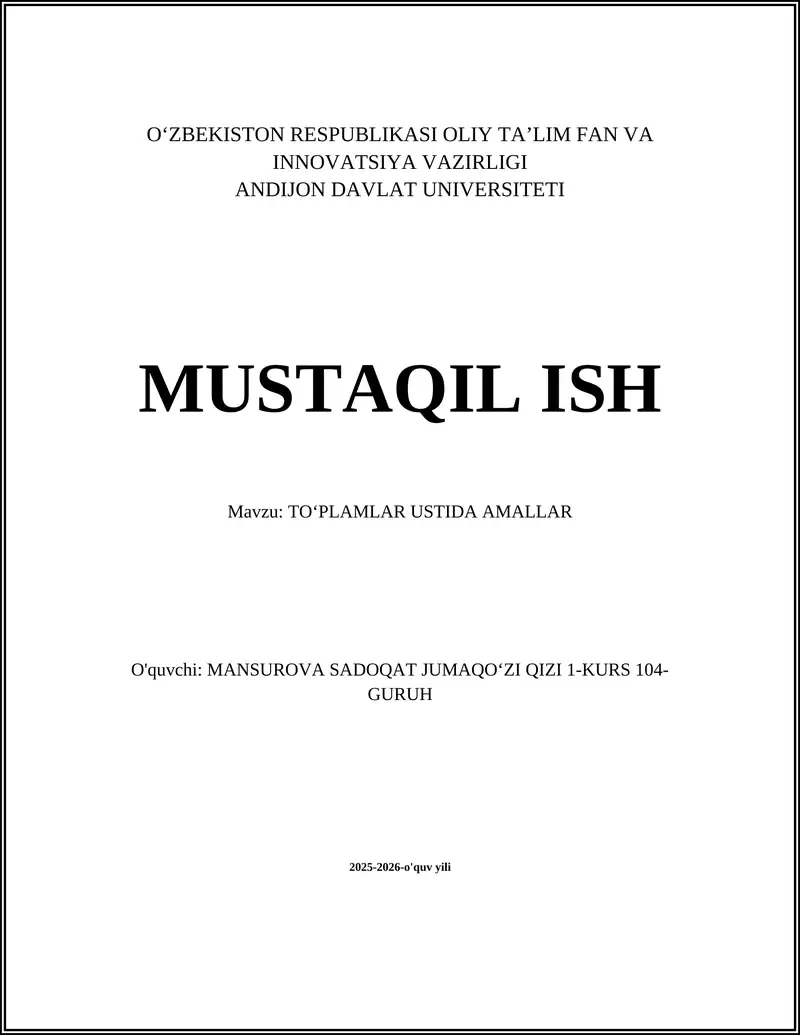 TOʻPLAMLAR USTIDA AMALLAR 1