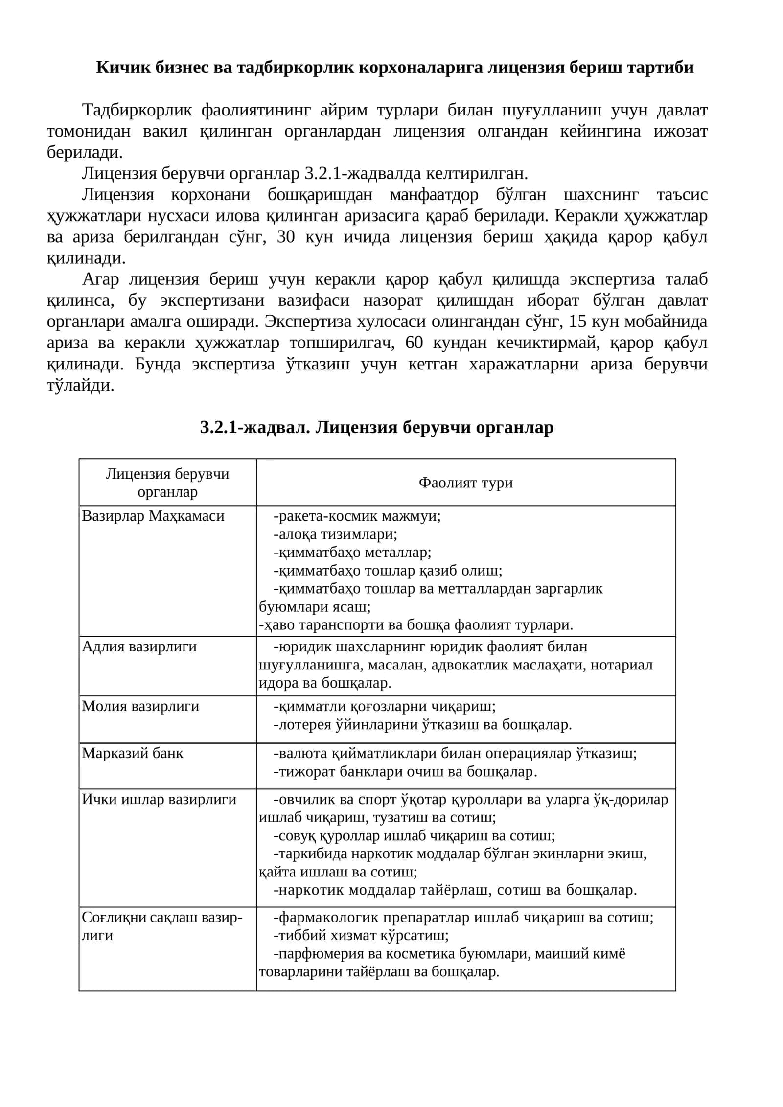 Кичик бизнес ва тадбиркорлик корхоналарига лицензия бериш тартиби 1