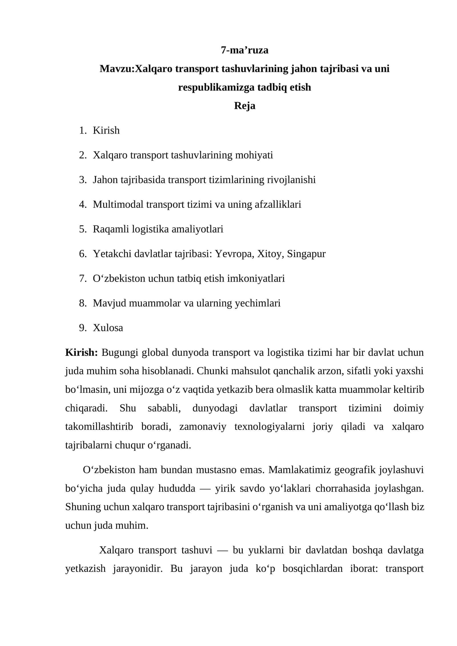 Хаlqаrо trаnspоrt tаshuvlаrining jаhоn tаjribаsi vа uni rеspublikаmizgа tаdbiq etish 1