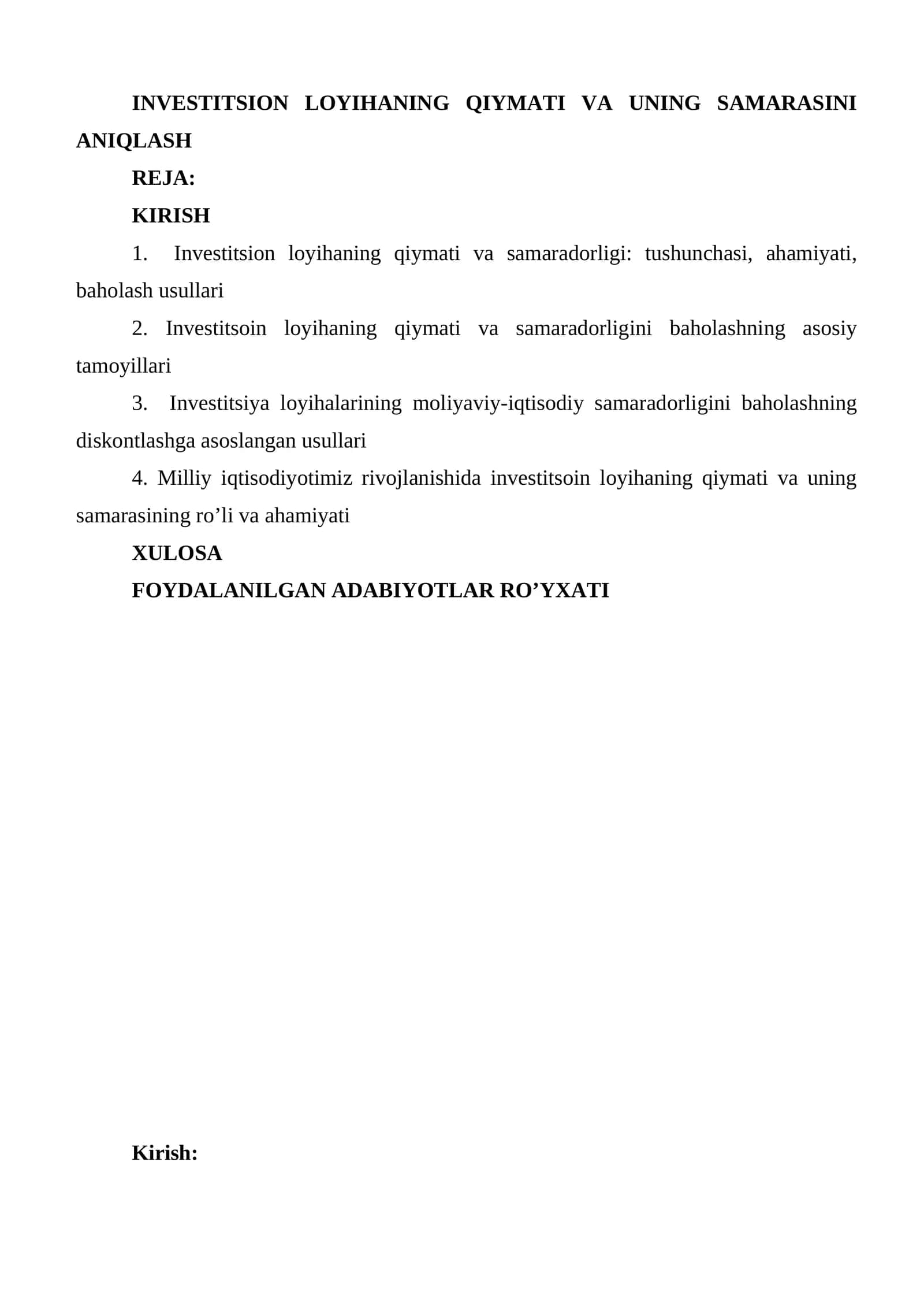 Investitsion loyihaning qiymati va samaradorligi 1