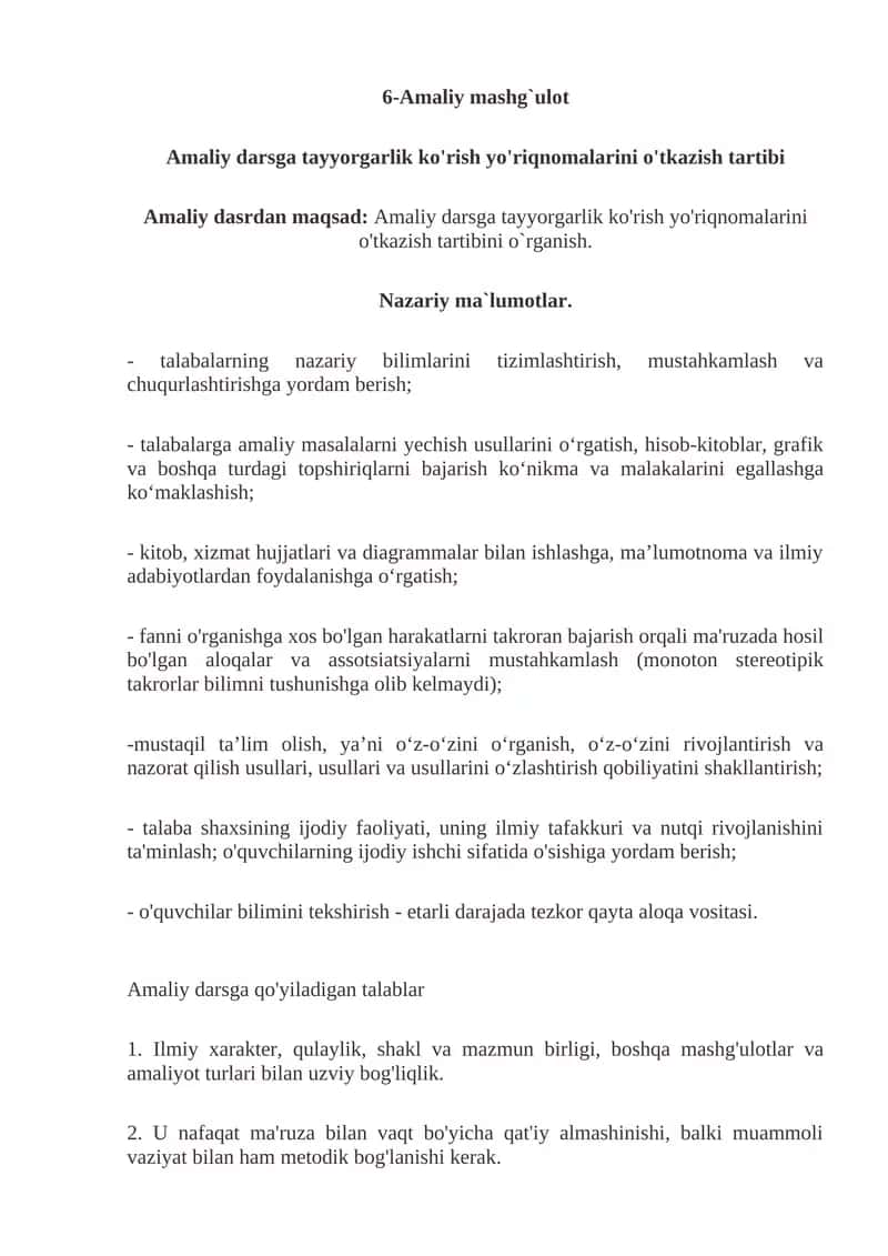 Amaliy darsga tayyorgarlik ko'rish yo'riqnomalarini o'tkazish tartibi 1