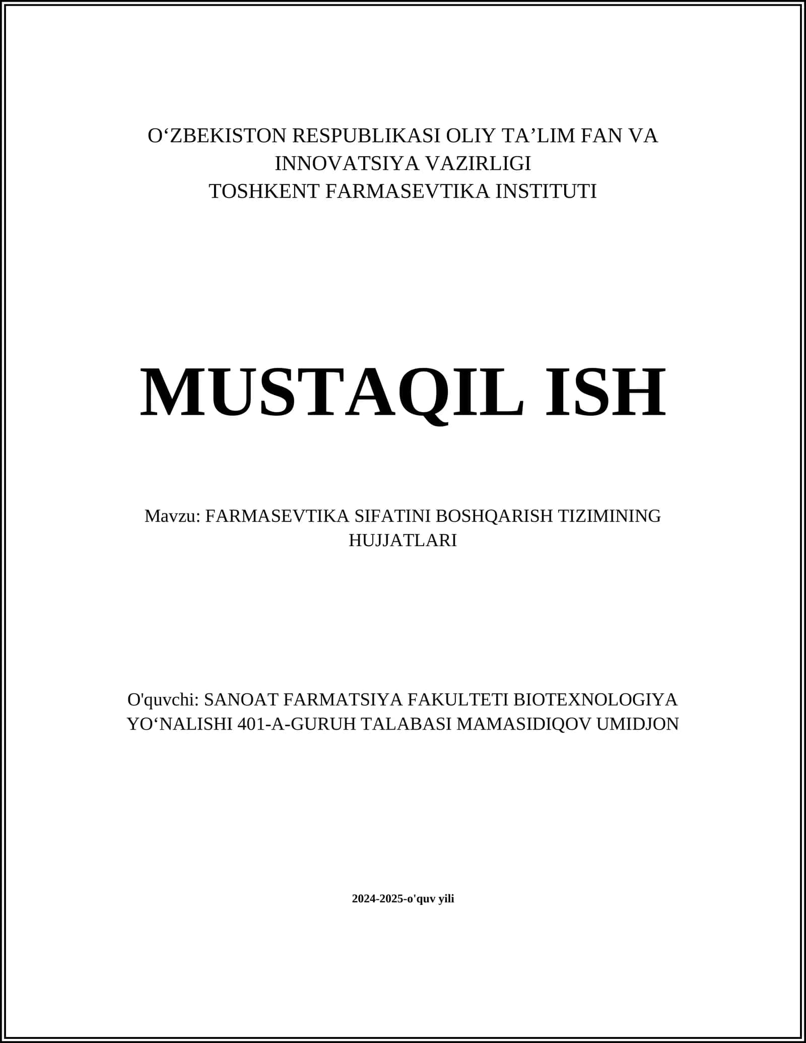 FARMASEVTIKA SIFATINI BOSHQARISH TIZIMINING HUJJATLARI 1