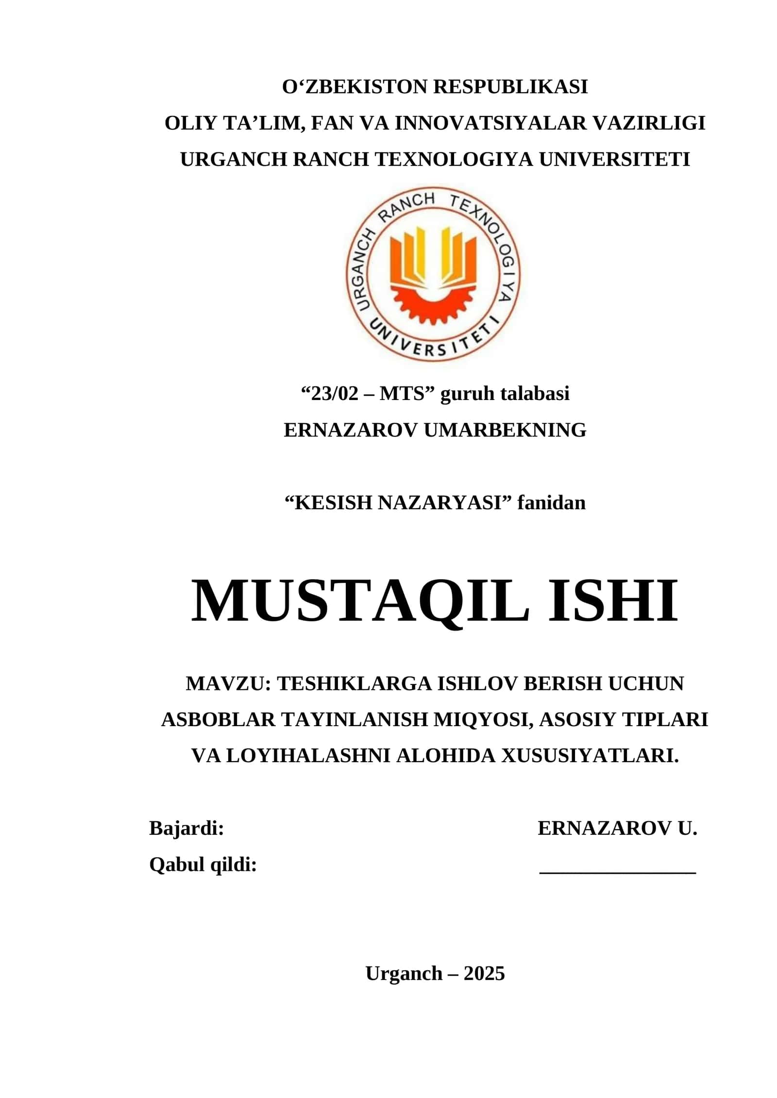 TESHIKLARGA ISHLOV BERISH UCHUN ASBOBLAR TAYINLANISH MIQYOSI, ASOSIY TIPLARI VA LOYIHALASHNI ALOHIDA XUSUSIYATLARI 1