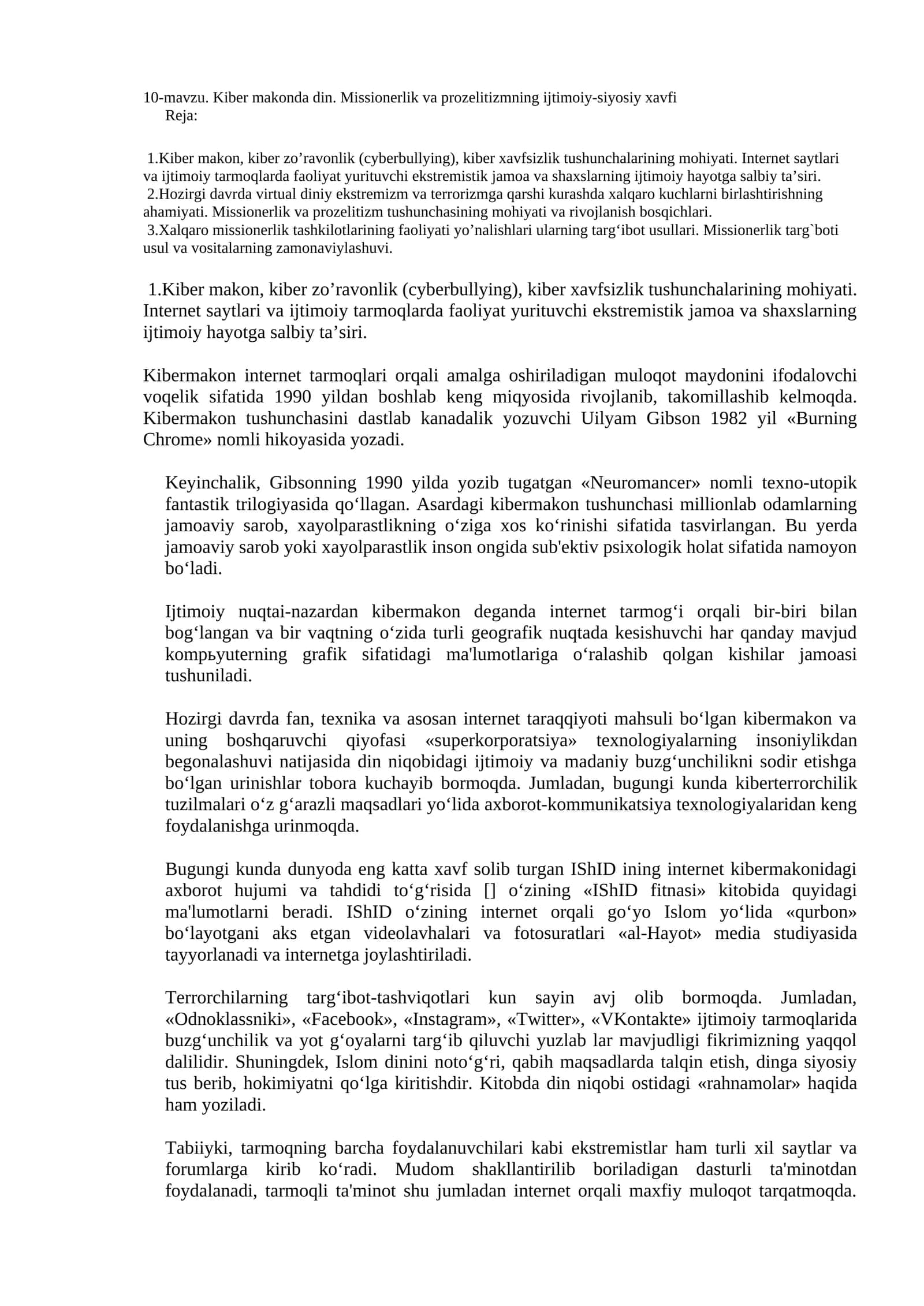 Kiber makonda din. Missionerlik va prozelitizmning ijtimoiy-siyosiy xavfi 1