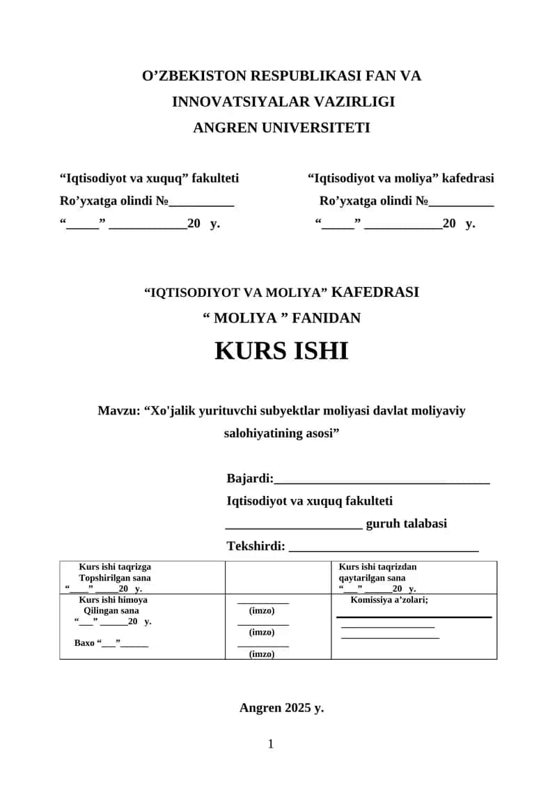 XO‘JALIK YURITUVCHI SUB’YEKTLAR MOLIYASI– DAVLAT MOLIYAVIY SALOHIYATINING ASOSI 1