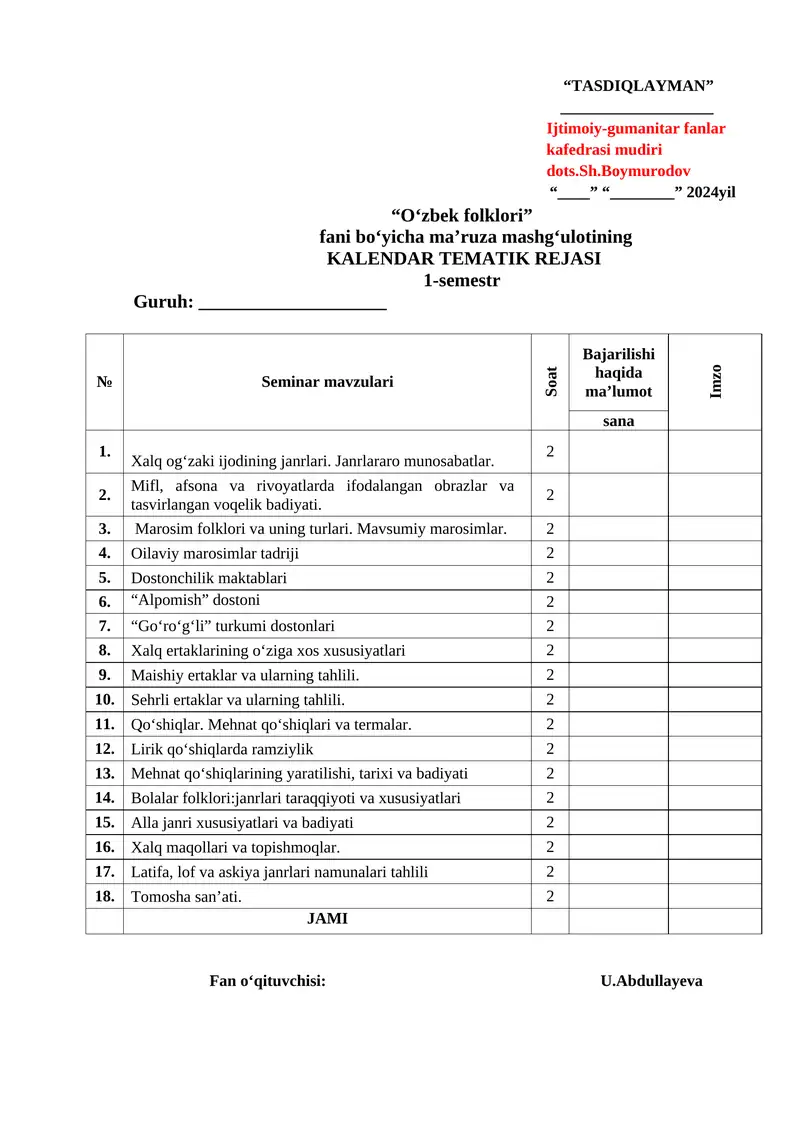 O‘zbek Folklori Kalendar Tematik Rejasi 1
