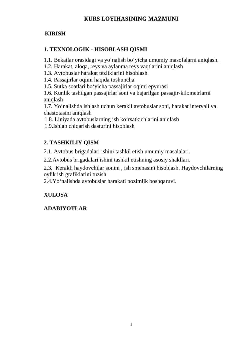 Kurs Loyihasi Avtobuslar Uchun Texnologik Hisoblash 1