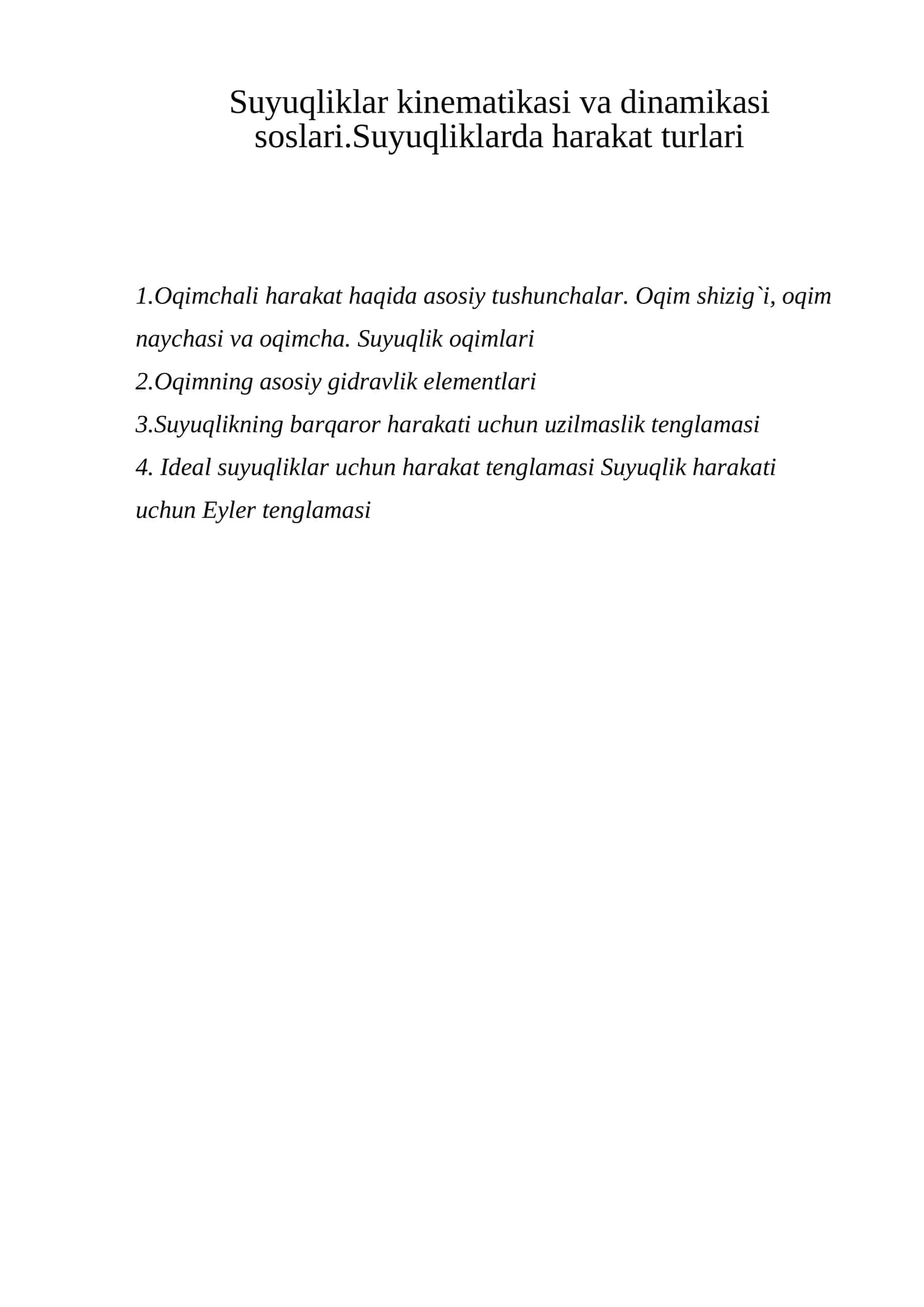 Suyuqliklar kinematikasi va dinamikasi soslari 1