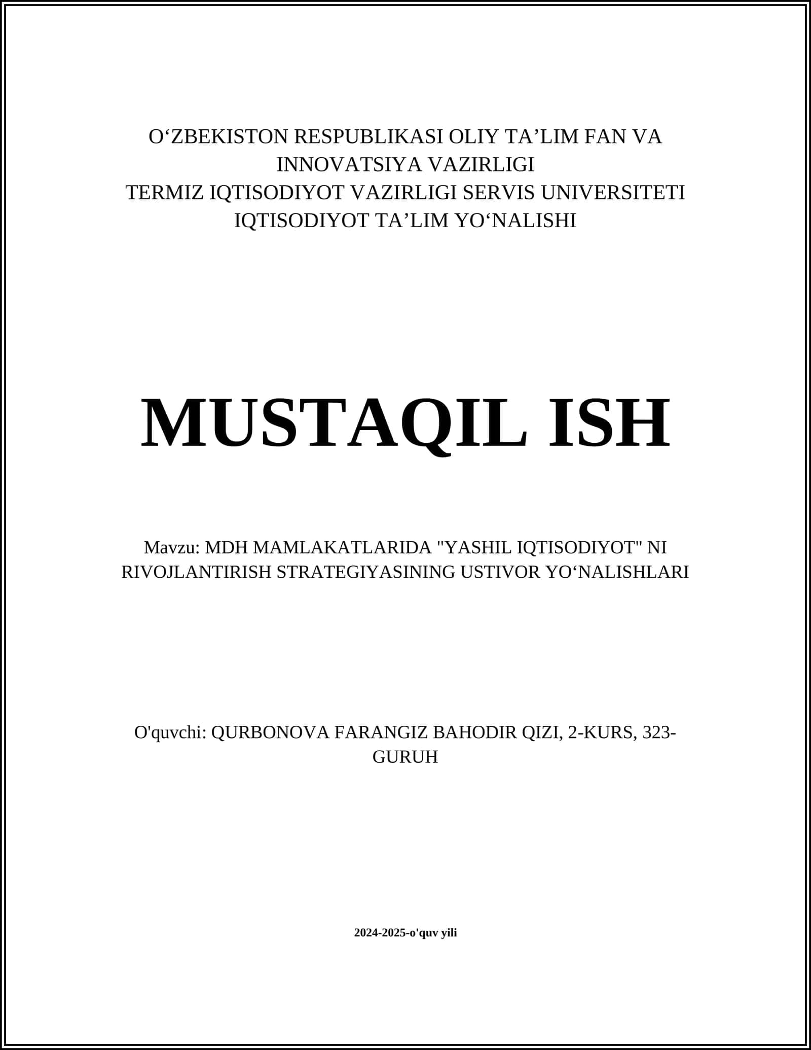 MDH MAMLAKATLARIDA "YASHIL IQTISODIYOT" NI RIVOJLANTIRISH STRATEGIYASINING USTIVOR YOʻNALISHLARI 1