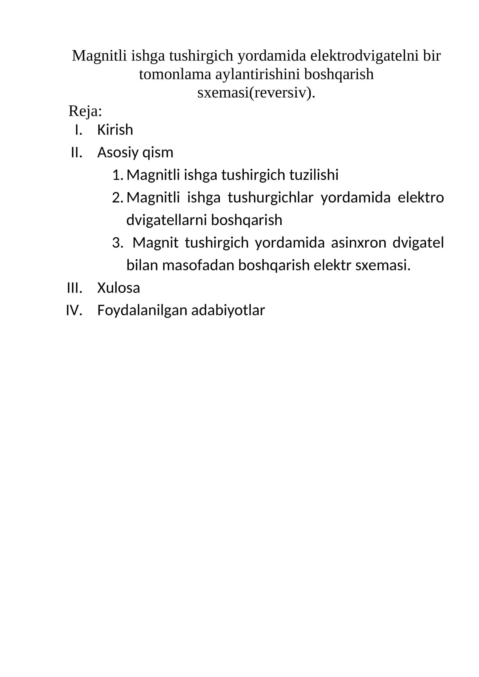 Magnitli ishga tushirgich yordamida elektrodvigatelni bir tomonlama aylantirishini boshqarish sxemasi(reversiv) 1