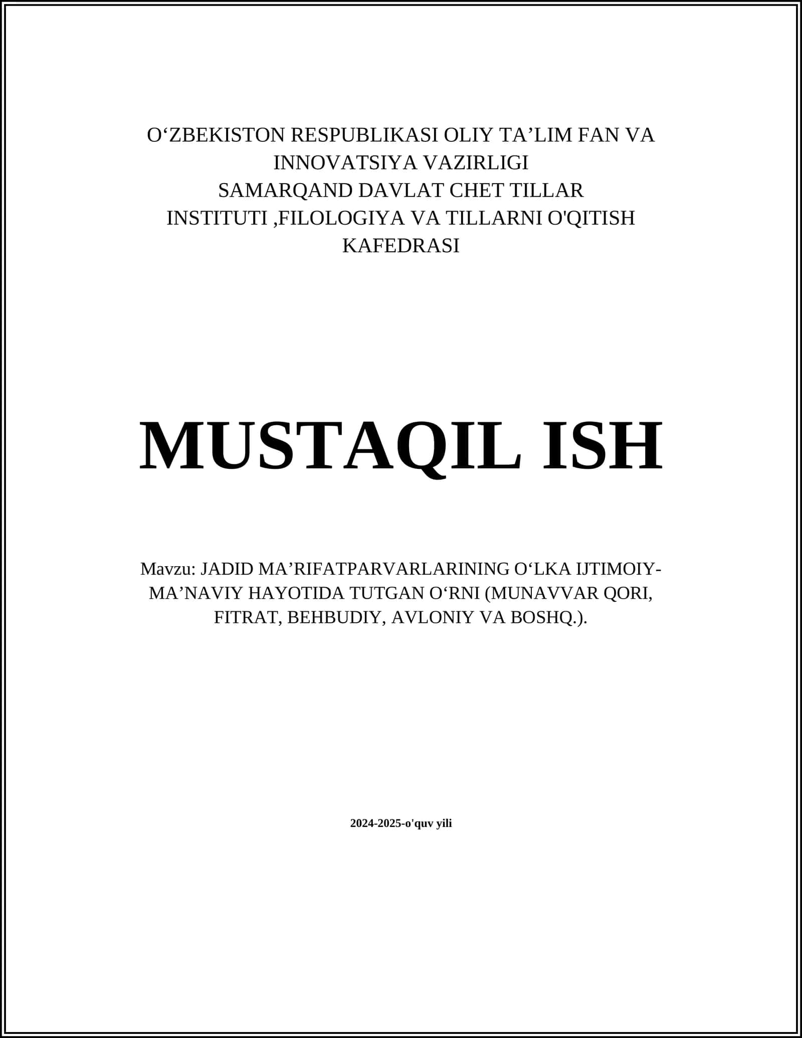 JADID MA’RIFATPARVARLARINING O‘LKA IJTIMOIY-MA’NAVIY HAYOTIDA TUTGAN O‘RNI (MUNAVVAR QORI, FITRAT, BEHBUDIY, AVLONIY VA BOSHQ.) 1