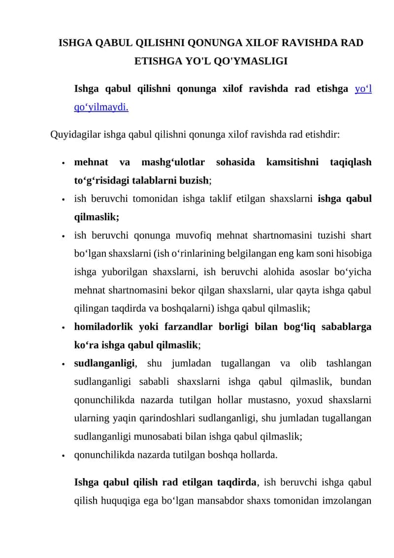 Ishga qabul qilishni qonunga xilof ravishda rad etishga yo‘l qo‘yilmaydi 1
