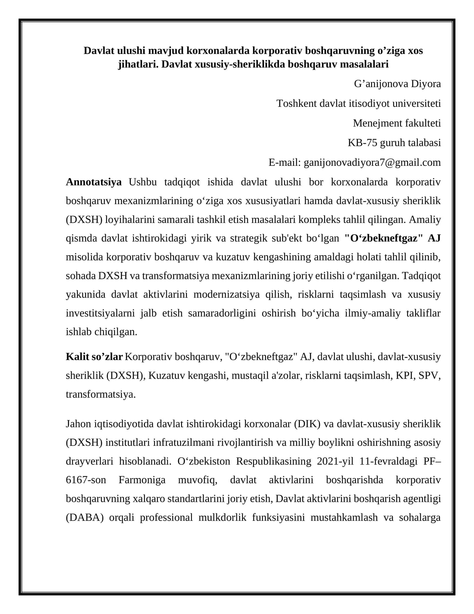 Davlat ulushi mavjud korxonalarda korporativ boshqaruvning o’ziga xos jihatlari 1