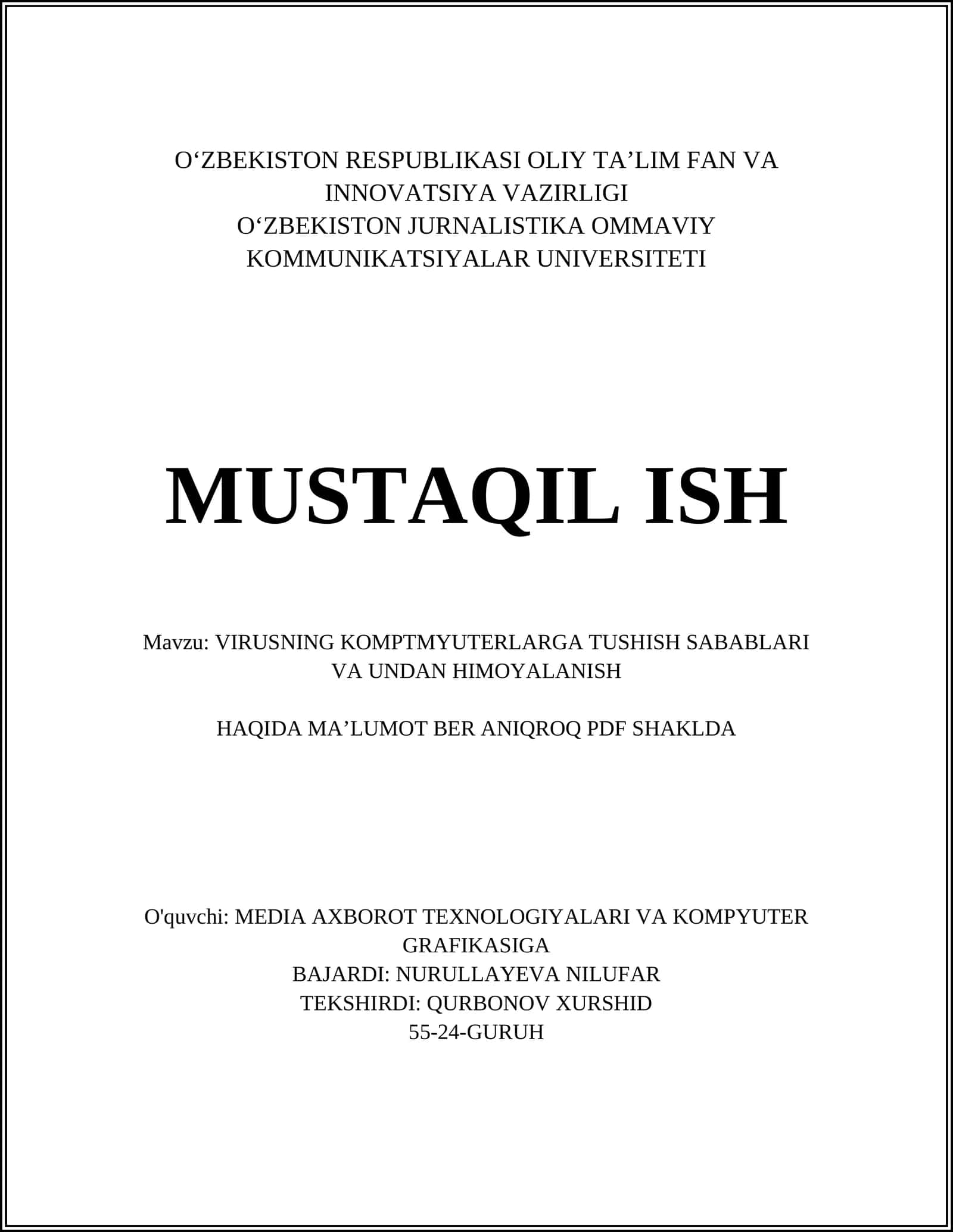 VIRUSNING KOMPTMYUTERLARGA TUSHISH SABABLARI VA UNDAN HIMOYALANISH HAQIDA MA’LUMOT BER ANIQROQ PDF SHAKLDA 1