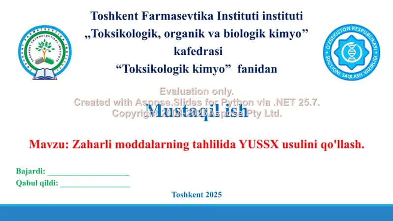 5. Zaharli moddalarning tahlilida YUSSX usulini qo'llash. Taqdimot 21 bet. 1