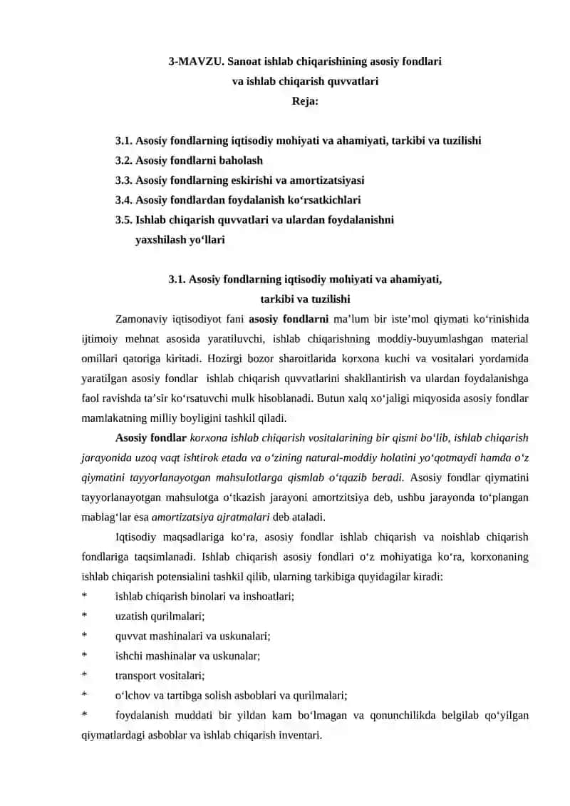 Sanoat ishlab chiqarishining asosiy fondlari  va ishlab chiqarish quvvatlari