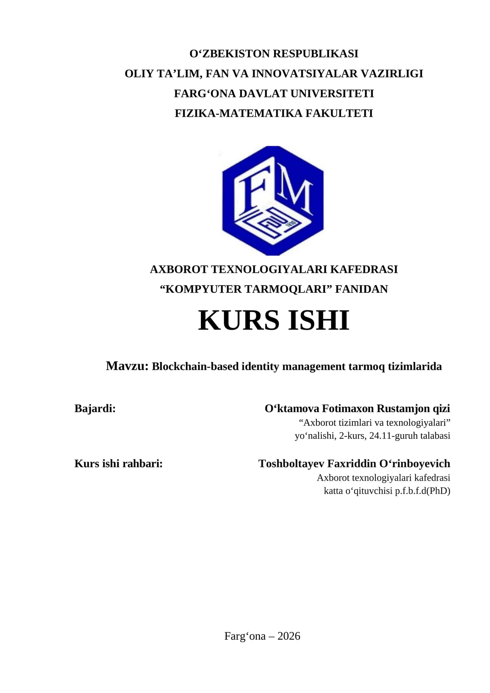 KURS ISHI "Blockchain-based identity management tarmoq tizimlarida" 1