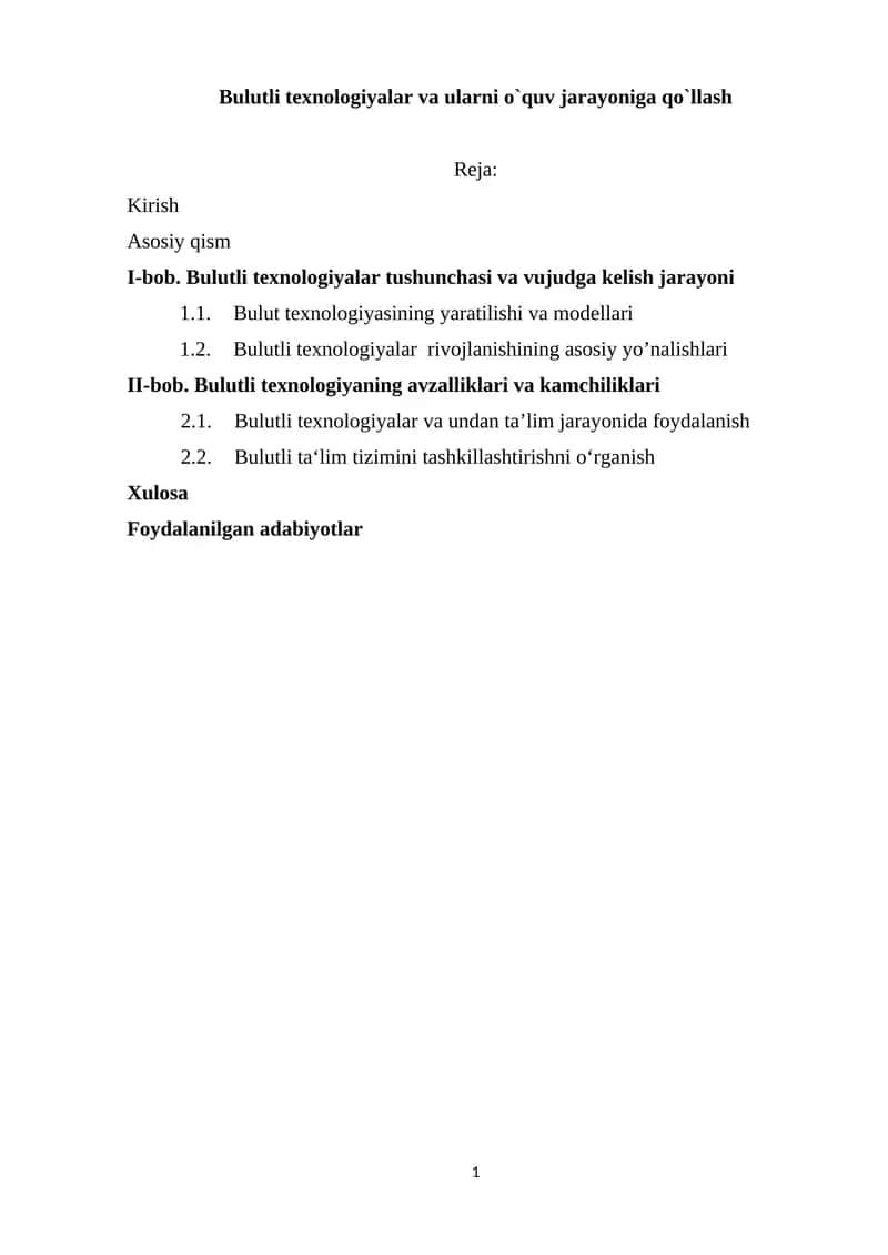 Bulutli texnologiyalar va ularni o`quv jarayoniga qo`llash 1