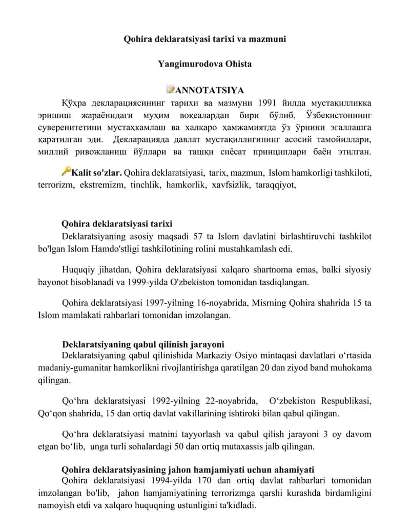 Qohira deklaratsiyasi tarixi va mazmuni 1