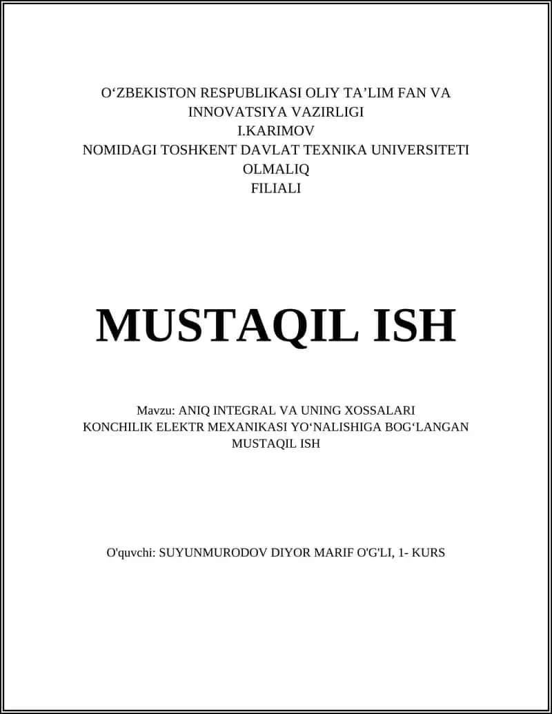 ANIQL INDUSTRYAL VA UNING XUSSALARI KONCHILIK ELECTROMEXANIKASI YO‘NALISHIGA BOG‘LANGAN MUSTAQIL ISH 1