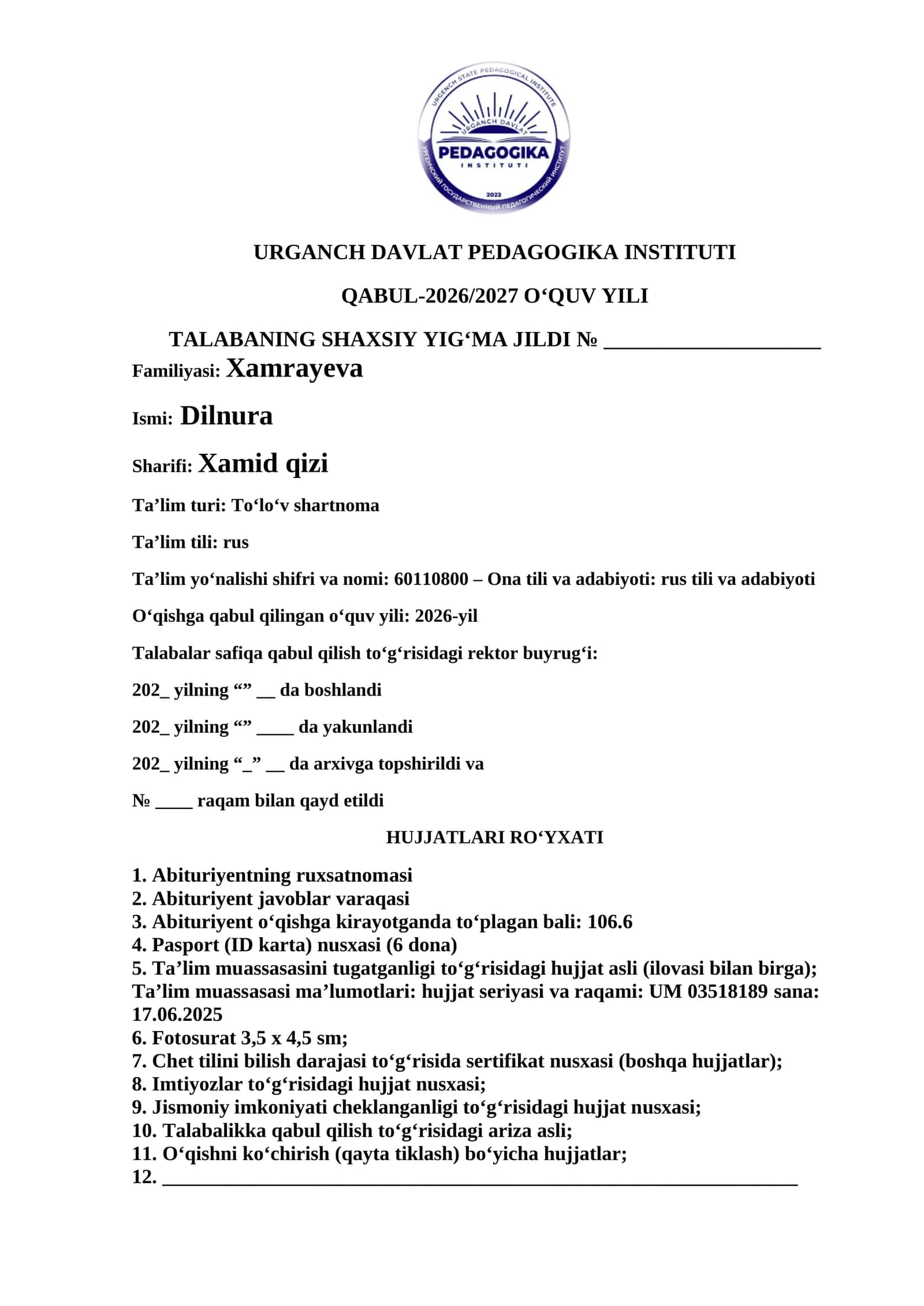 TALABANING SHAXSIY YIG‘MA JILDI 1