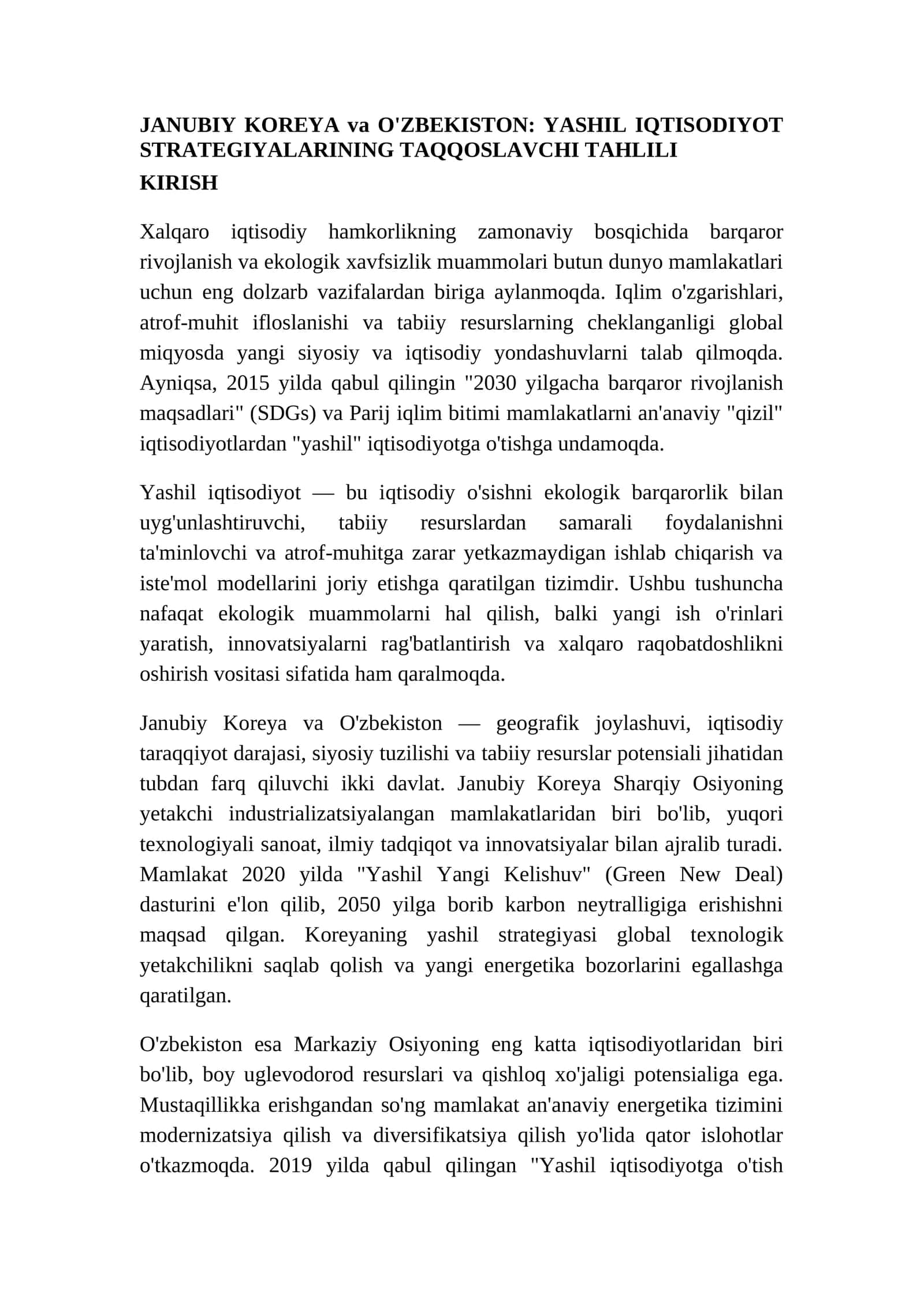 JANUBIY KOREYA va O'ZBEKISTON: YASHIL IQTISODIYOT STRATEGIYALARINING TAQQOSLAVCHI TAHLILI 1