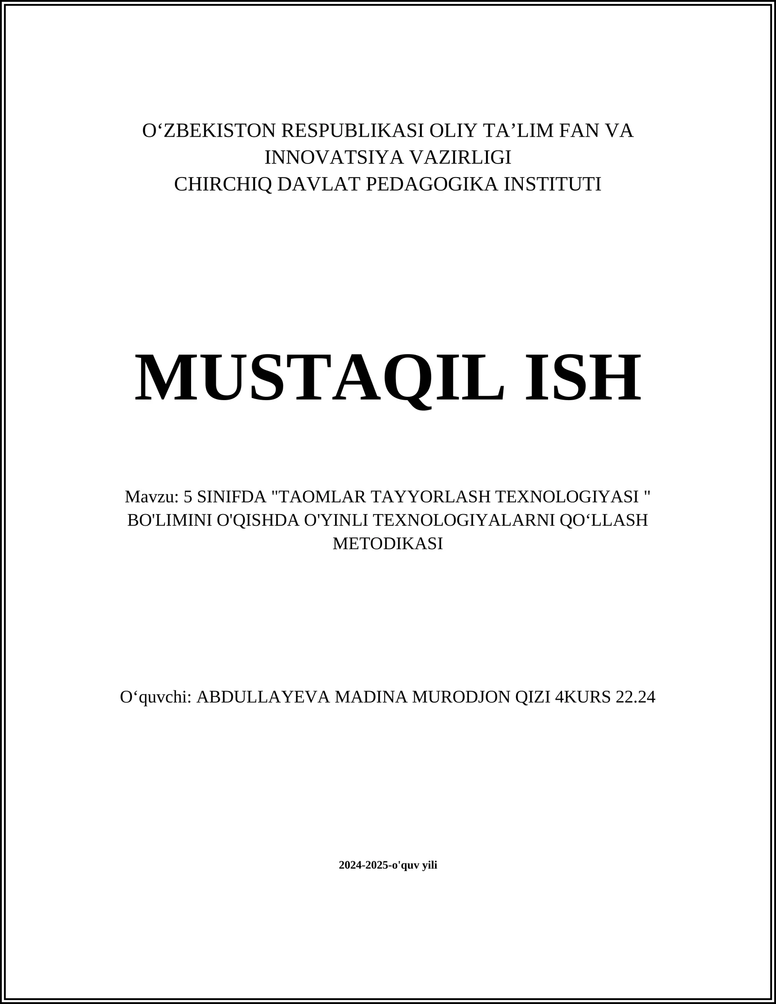 "TAOMLAR TAYYORLASH TEXNOLOGIYASI " BO'LIMINI O'QISHDA O'YINLI TEXNOLOGIYALARNI QOʻLLASH METODIKASI" 1