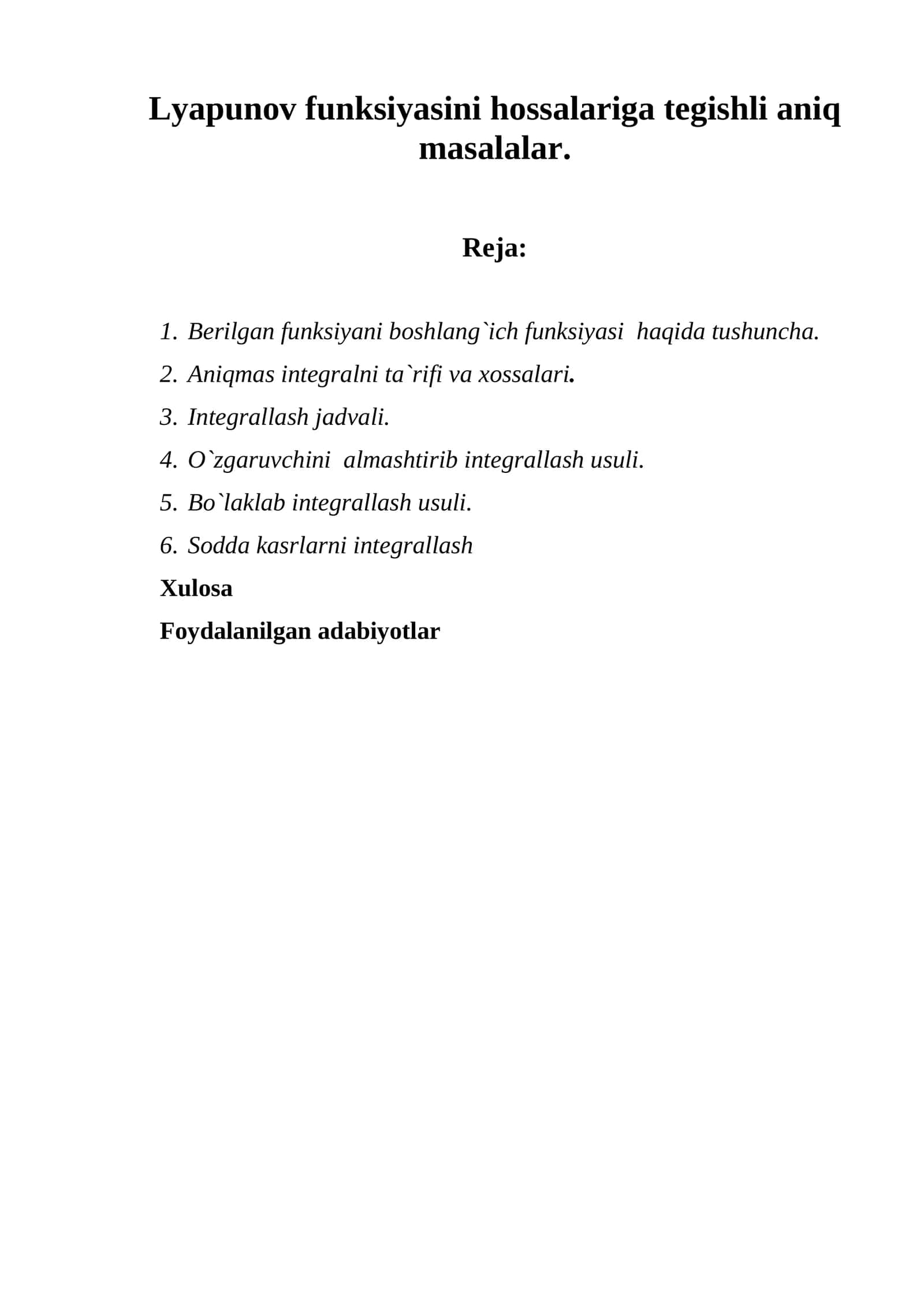Lyapunov funksiyasini hossalariga tegishli aniq masalalar 1