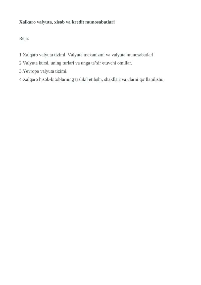Xalqarovalyuta, xisob va kredit munosabatlari 1