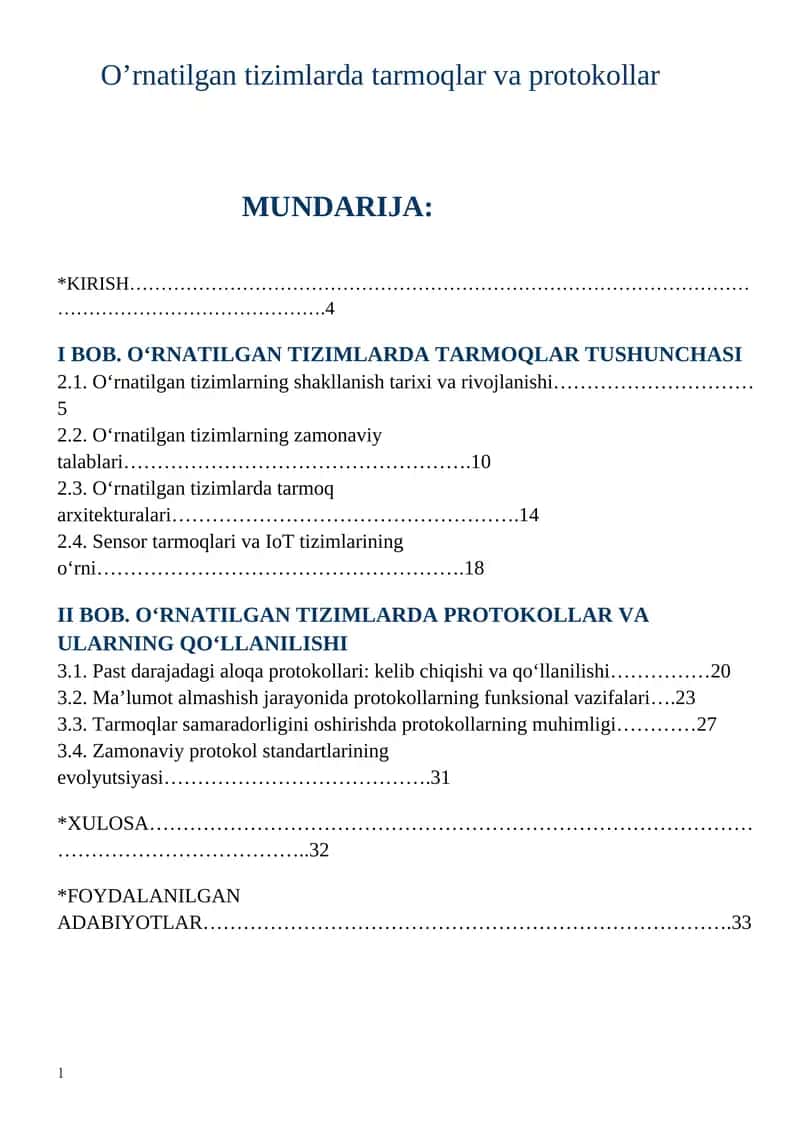 O‘rnatilgan tizimlarda tarmoqlar va protokollar 1