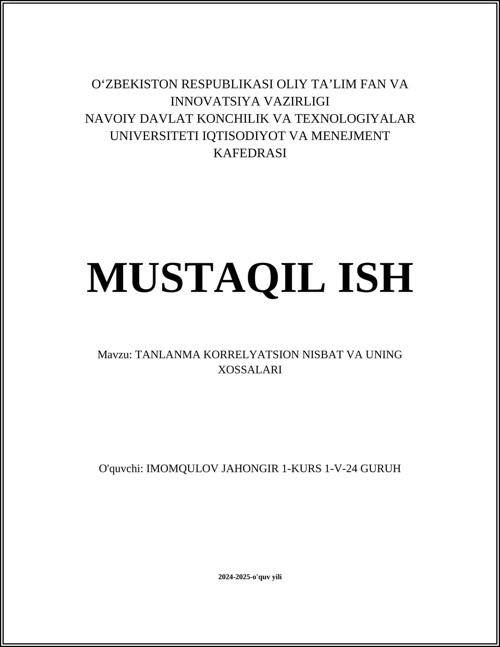 TANLANMA KORRELYATSION NISBAT VA UNING XOSSALARI 1