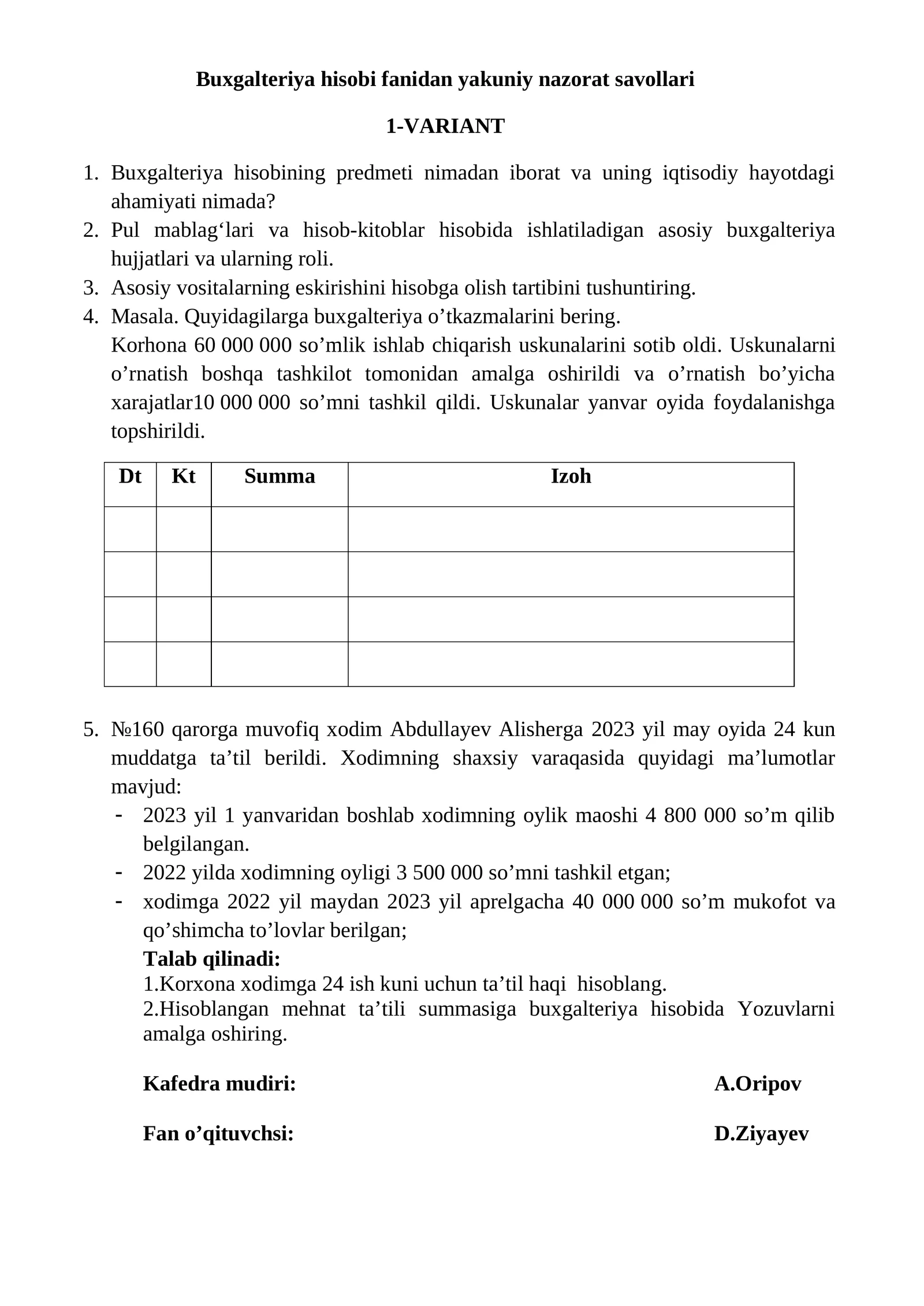 Buxgalteriya hisobi fanidan yakuniy nazorat savollari 1