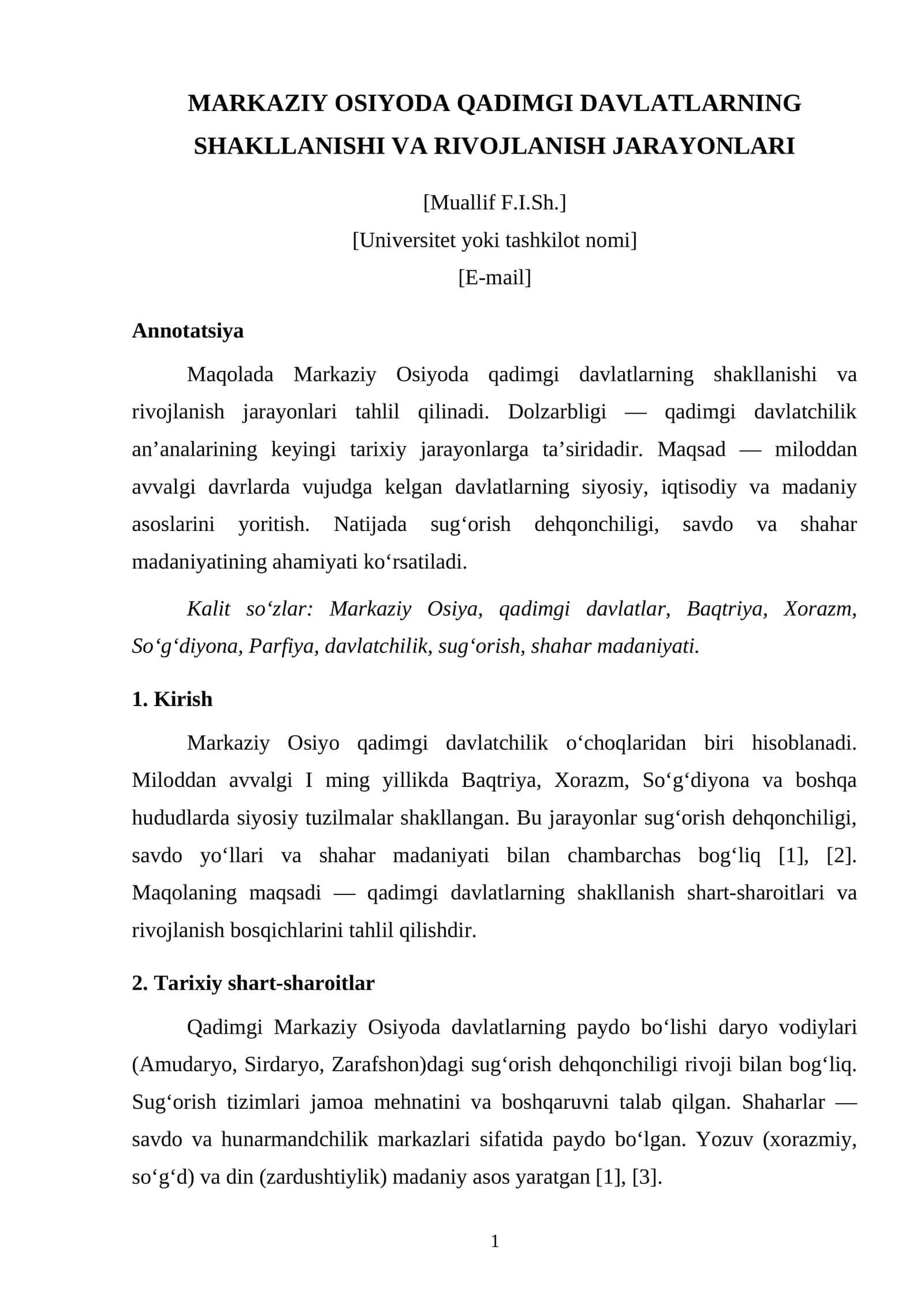 MARKAZIY OSIYODA QADIMGI DAVLATLARNING SHAKLLANISHI VA RIVOJLANISH JARAYONLARI 1